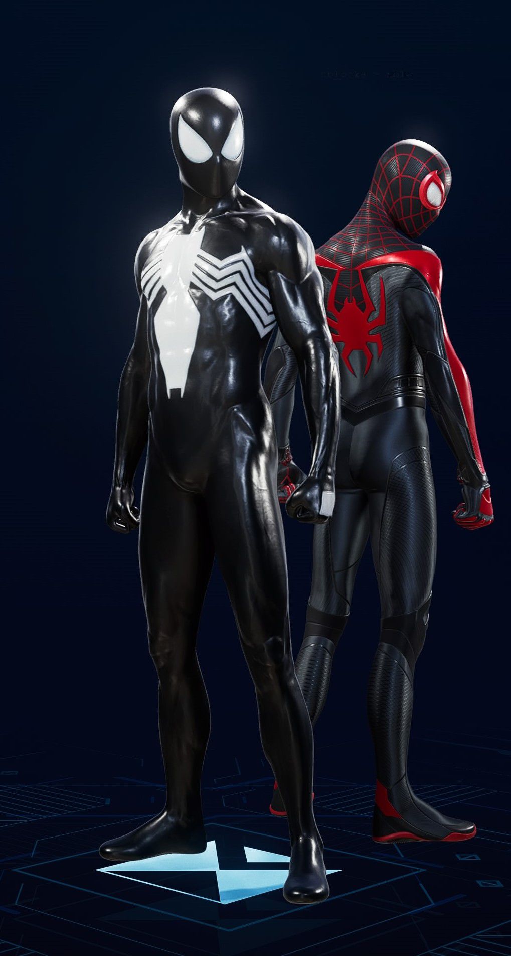 Peter Parker stands in his Classic Black Suit in the suit selection screen of Spider-Man 2.