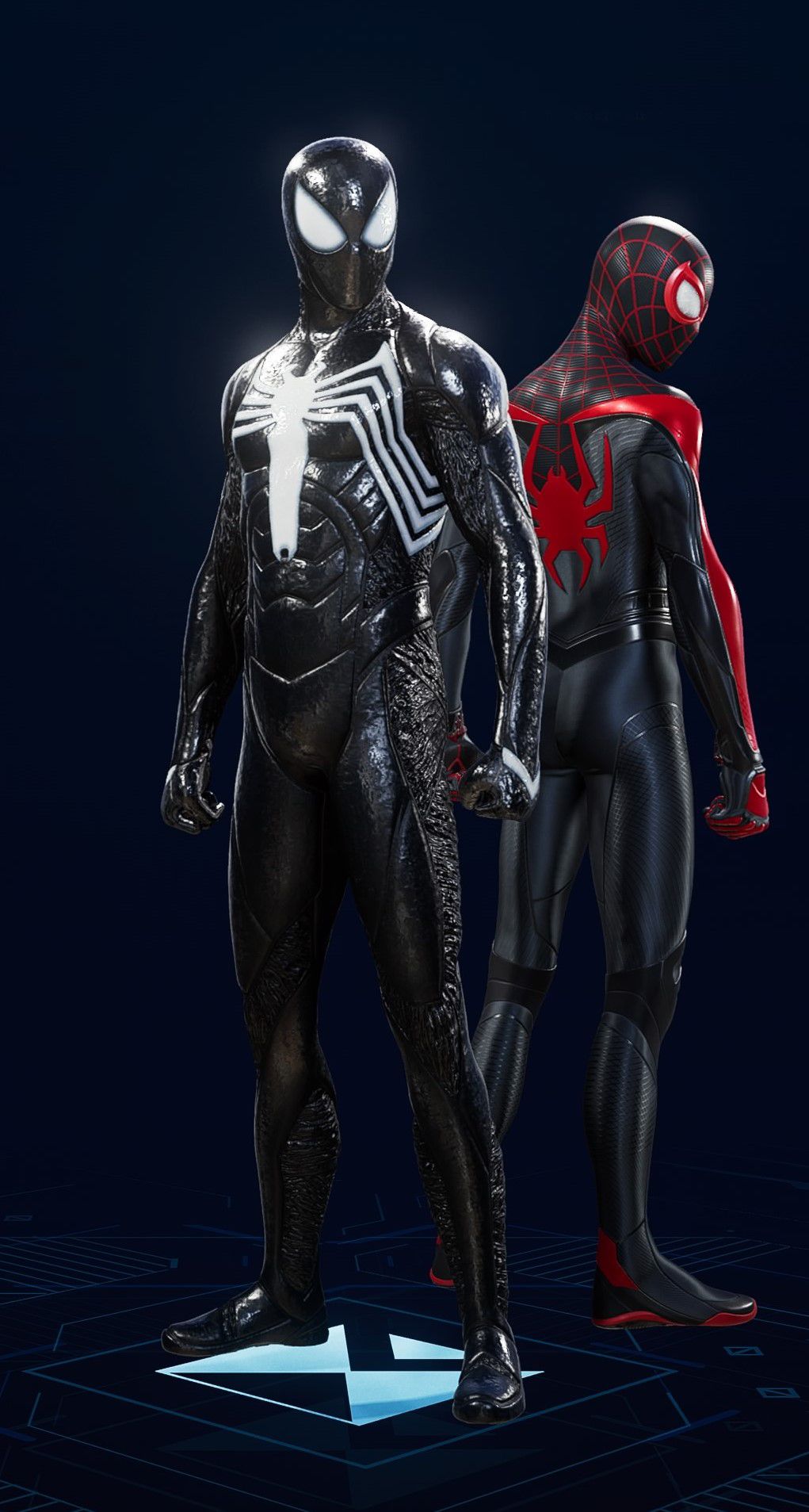 Peter Parker stands in his Black Suit in the suit selection screen of Spider-Man 2.