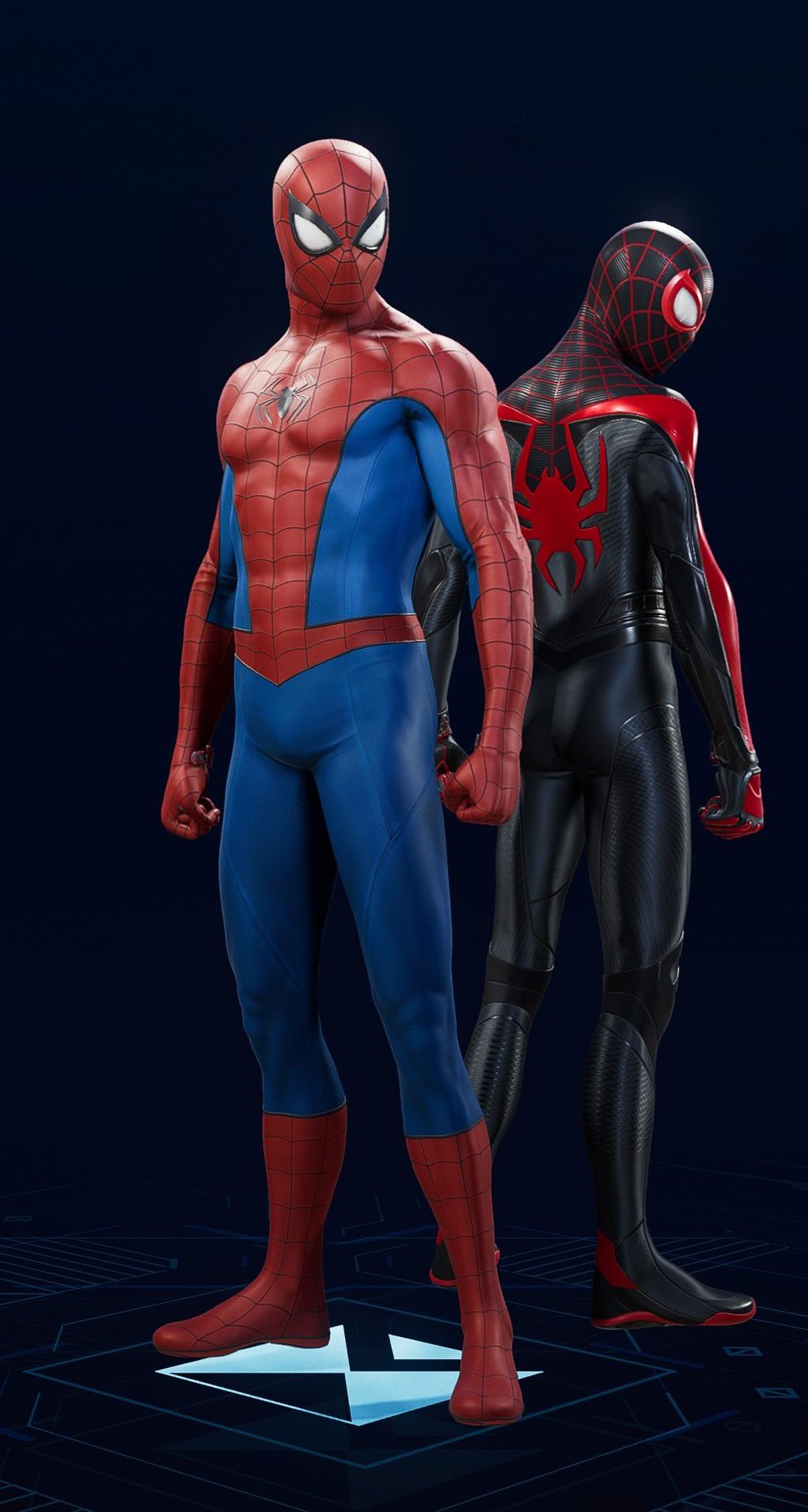 Peter Parker stands in his Classic Suit in the suit selection screen of Spider-Man 2.