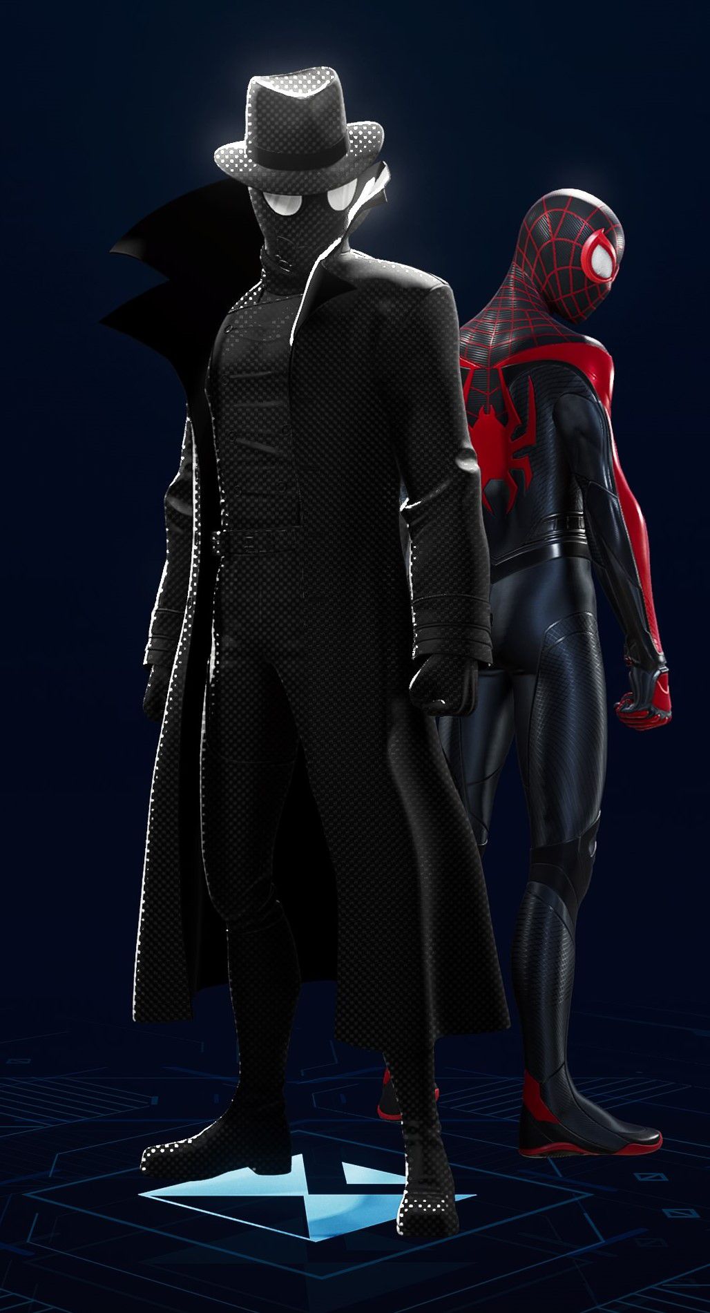 Peter Parker stands in his Into the Spider-Verse Noir Suit in the suit selection screen of Spider-Man 2.