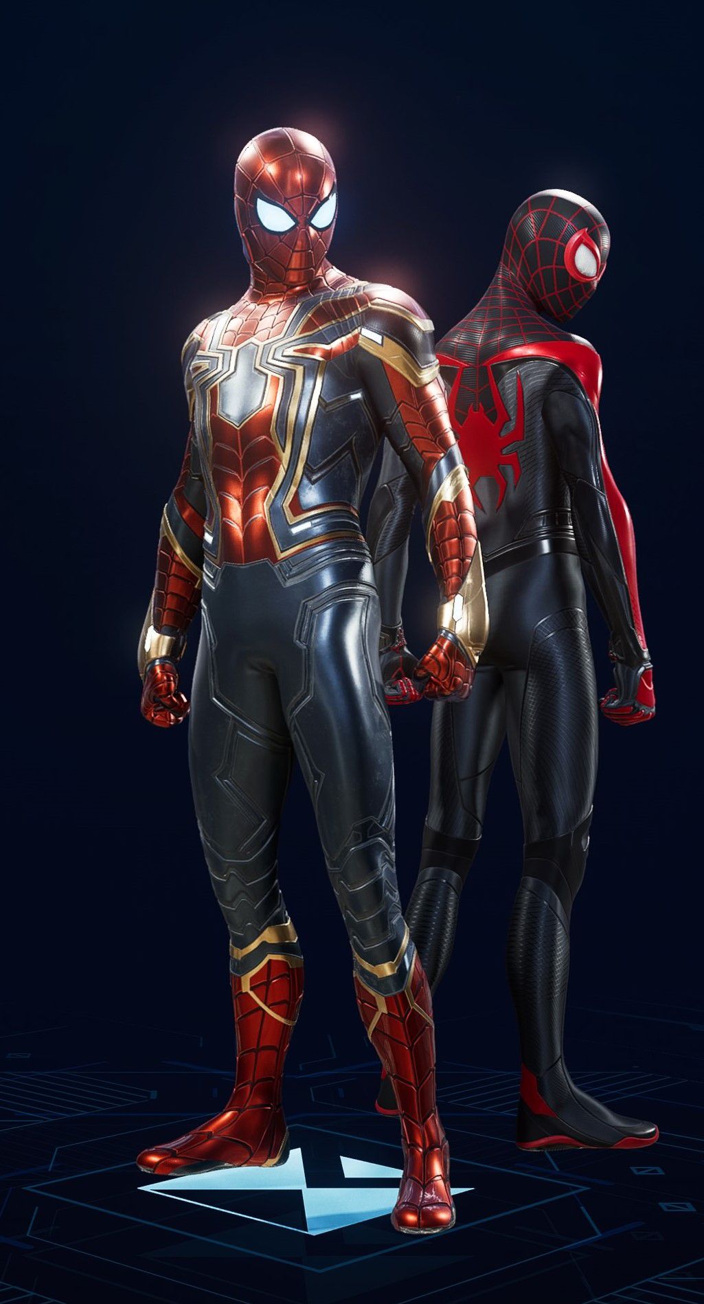 Peter Parker stands in his Iron Spider Suit in the suit selection screen of Spider-Man 2.