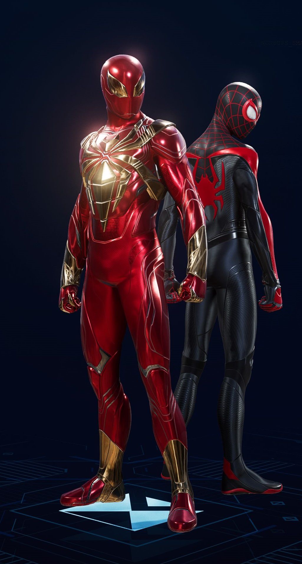 Peter Parker stands in his Iron Spider-Armor Suit in the suit selection screen of Spider-Man 2.