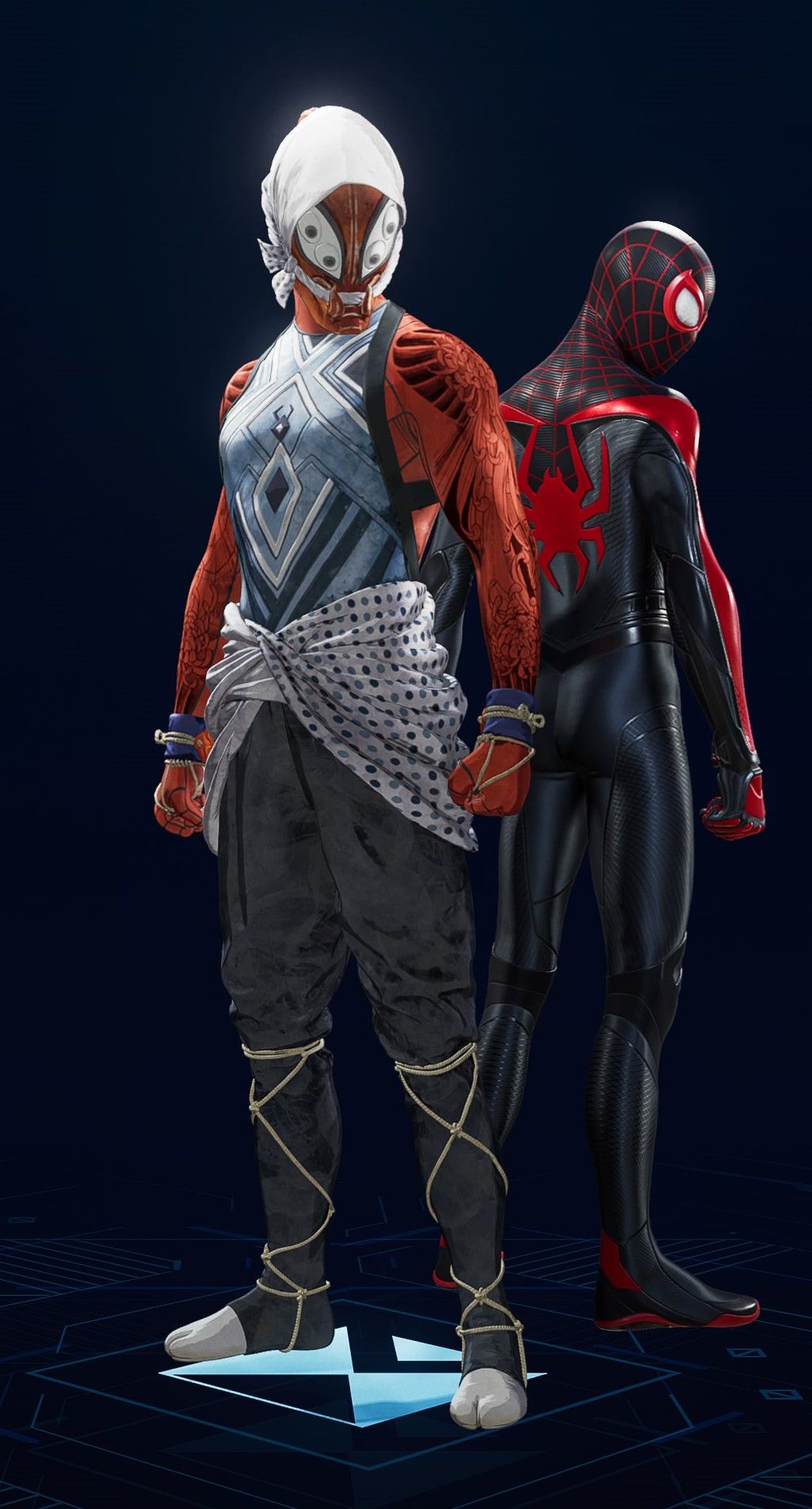 Peter Parker stands in his Kumo Suit in the suit selection screen of Spider-Man 2.