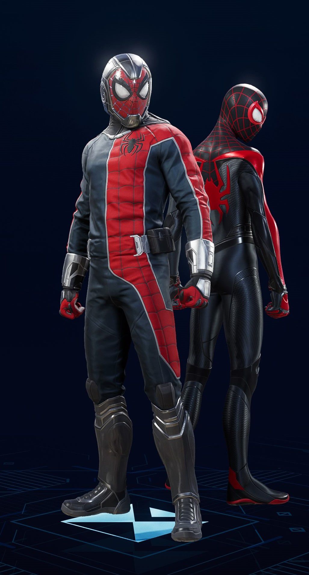Peter Parker stands in his Life Story Suit in the suit selection screen of Spider-Man 2.
