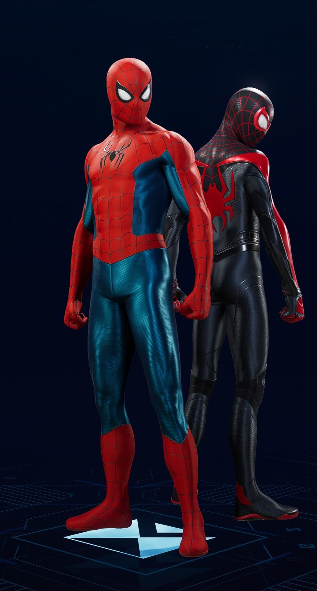 Peter Parker stands in his New Red and Blue Suit in the suit selection screen of Spider-Man 2.
