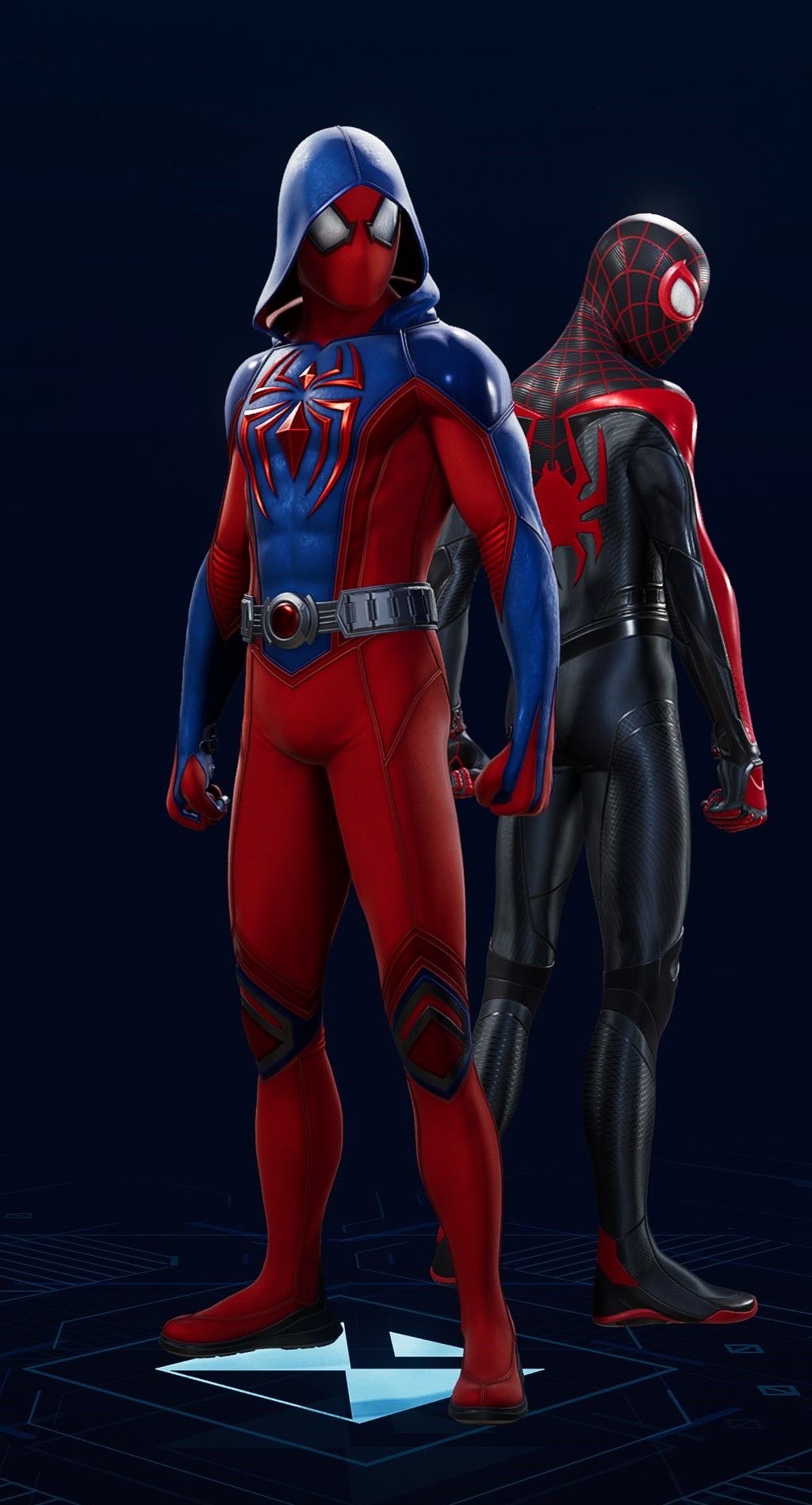 Peter Parker stands in his Scarlet III Suit in the suit selection screen of Spider-Man 2.