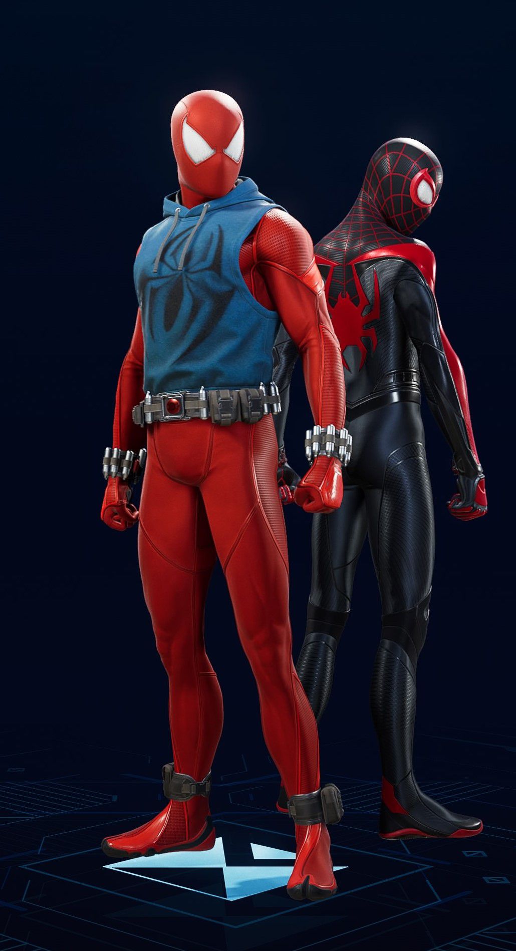 Peter Parker stands in his Scarlet Spider Suit in the suit selection screen of Spider-Man 2.