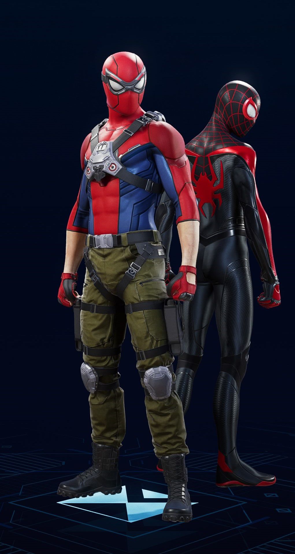 Peter Parker stands in his Secret Wars Civil War Suit in the suit selection screen of Spider-Man 2.