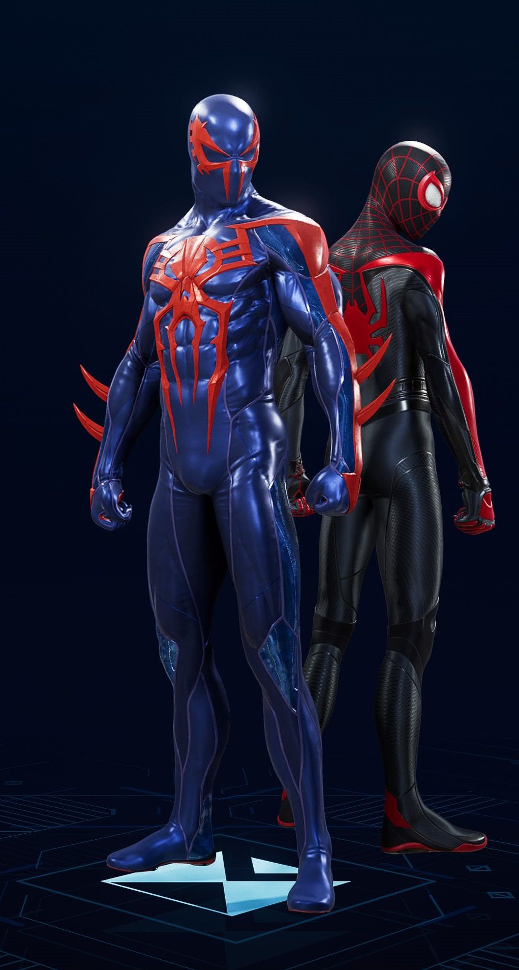 Peter Parker stands in his Spider-Man 2099 Black Suit in the suit selection screen of Spider-Man 2.