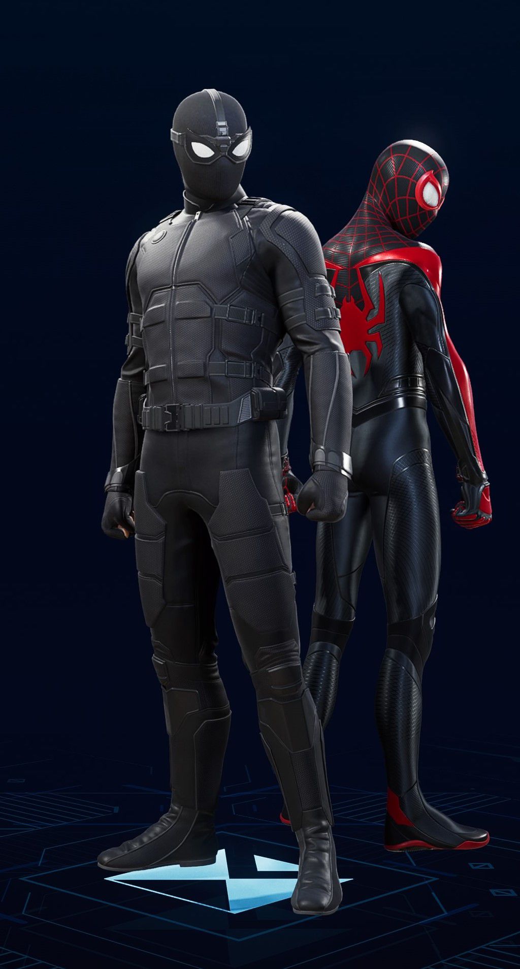Peter Parker stands in his Stealth Suit in the suit selection screen of Spider-Man 2.
