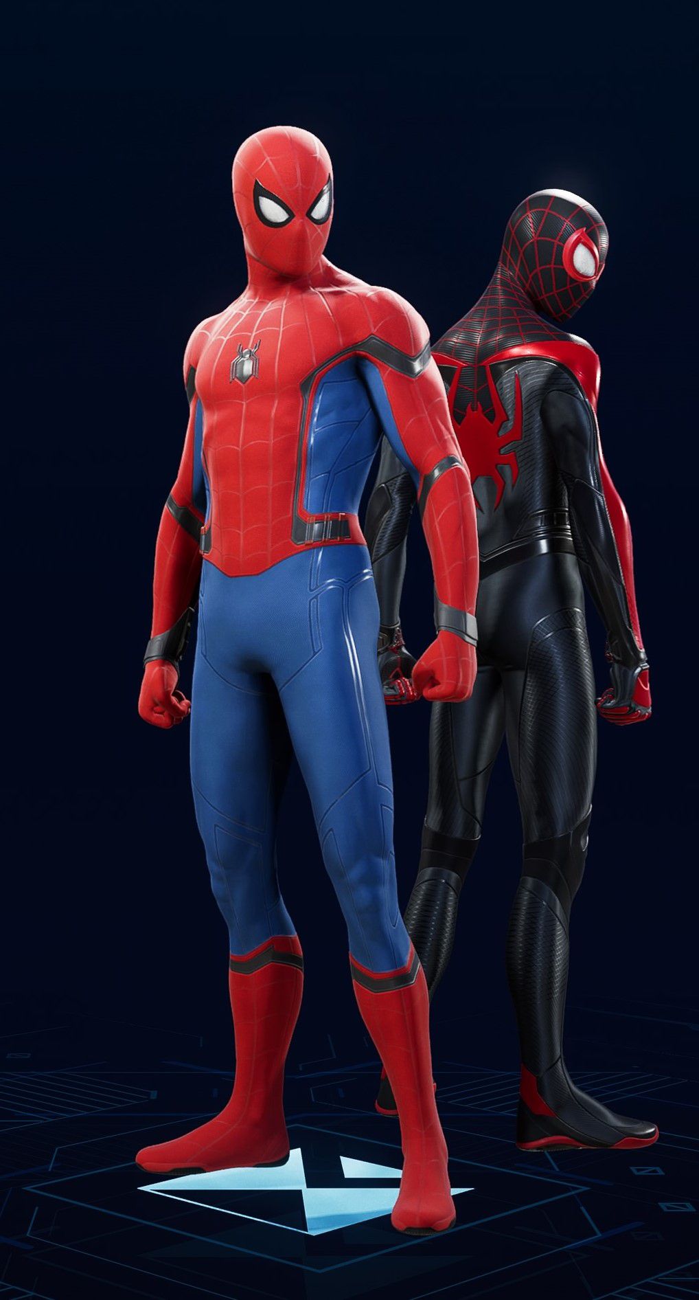 Peter Parker stands in his Upgraded Classic Suit in the suit selection screen of Spider-Man 2.