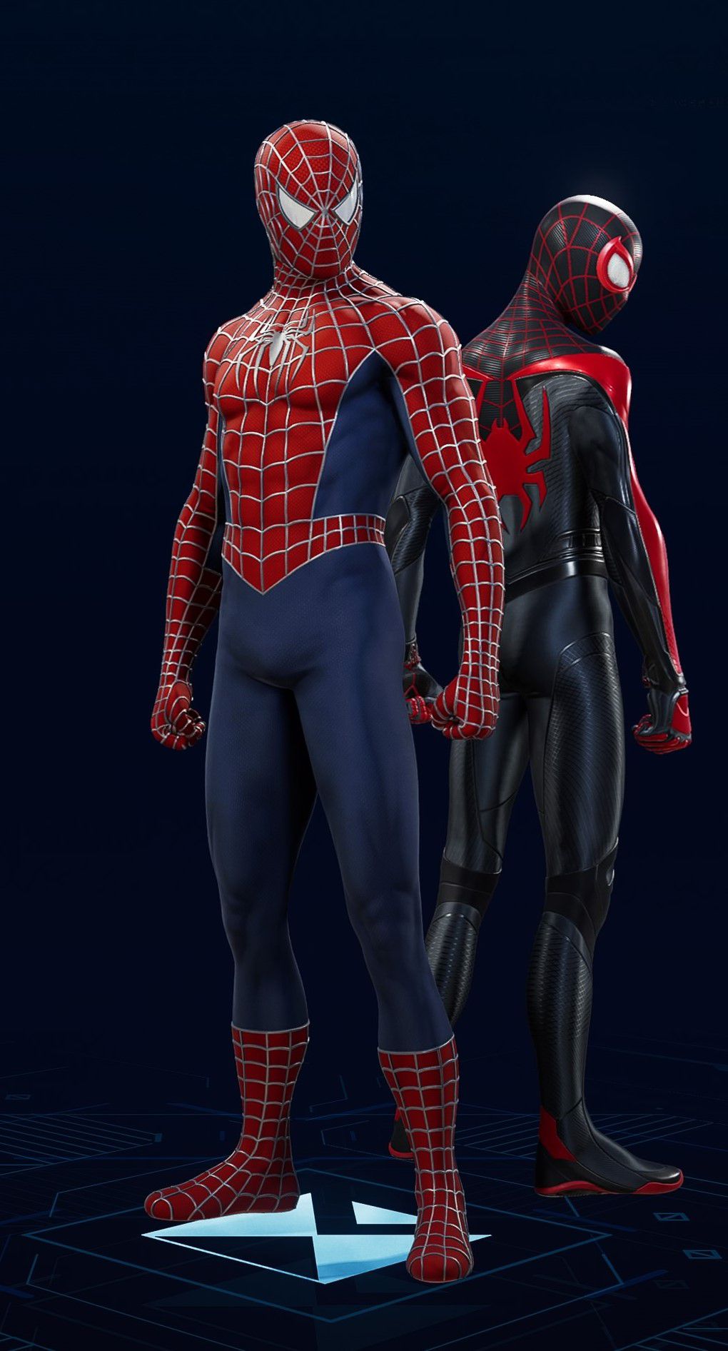 Peter Parker stands in his Webbed Suit in the suit selection screen of Spider-Man 2.