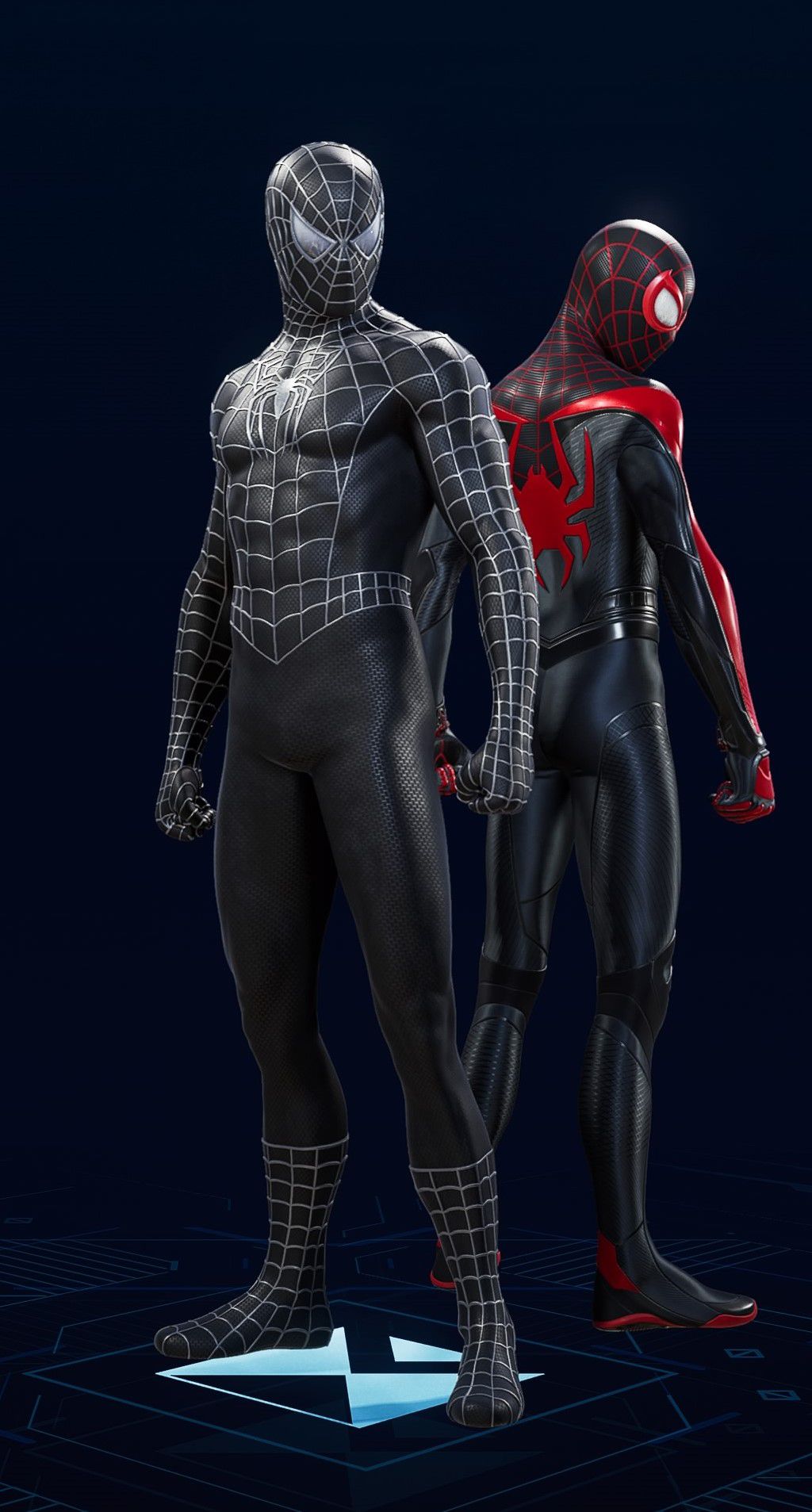 Peter Parker stands in his Webbed Black Suit in the suit selection screen of Spider-Man 2.