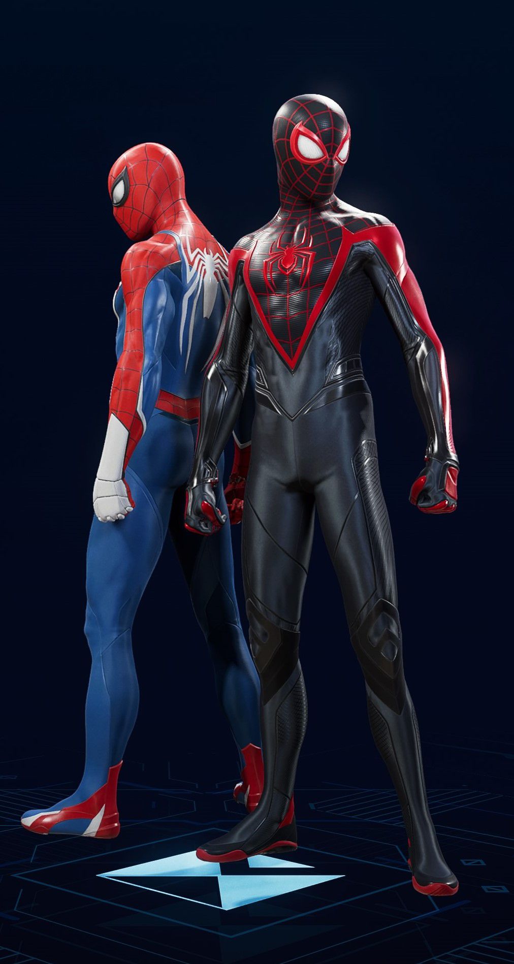 Miles Morales stands in his Upgraded Suit in the suit selection screen of Spider-Man 2.