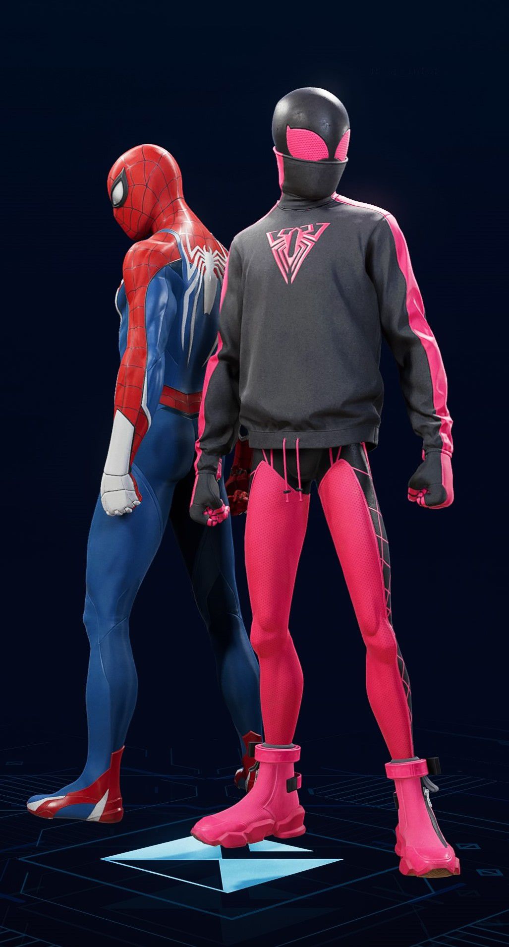 Miles Morales stands in his 10th Anniversary Suit in the suit selection screen of Spider-Man 2.