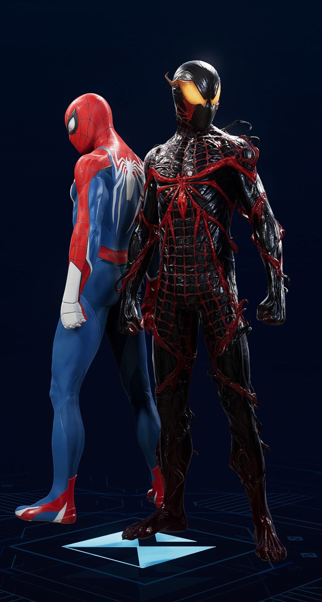 Miles Morales stands in his Absolute Carnage Suit in the suit selection screen of Spider-Man 2.