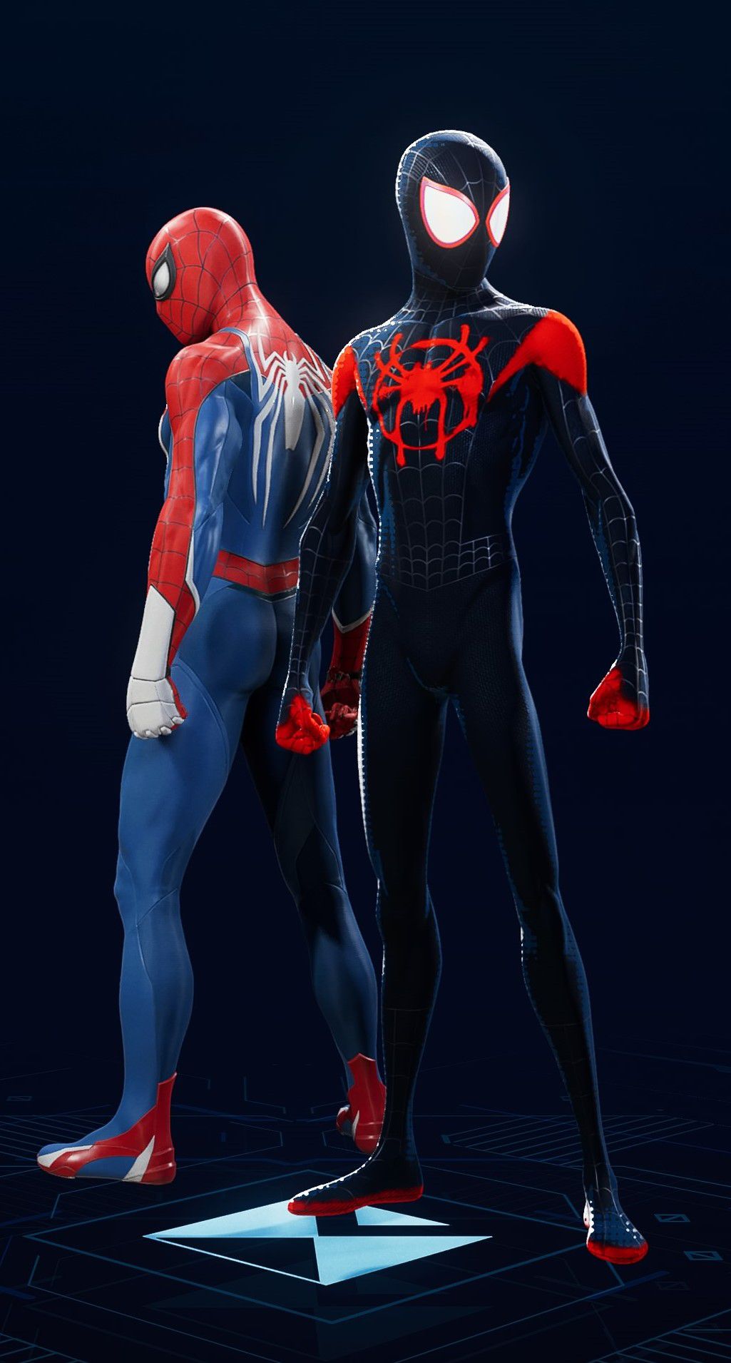 Miles Morales stands in his Into the Spider-Verse Suit in the suit selection screen of Spider-Man 2.