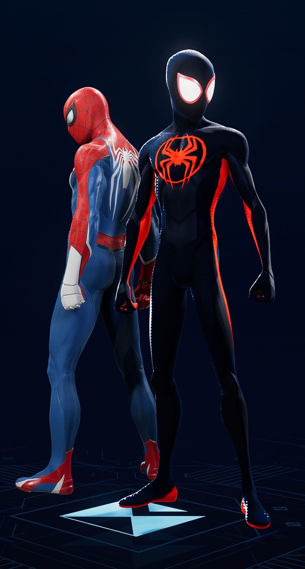 Miles Morales stands in his Across the Spider-Verse Suit in the suit selection screen of Spider-Man 2.