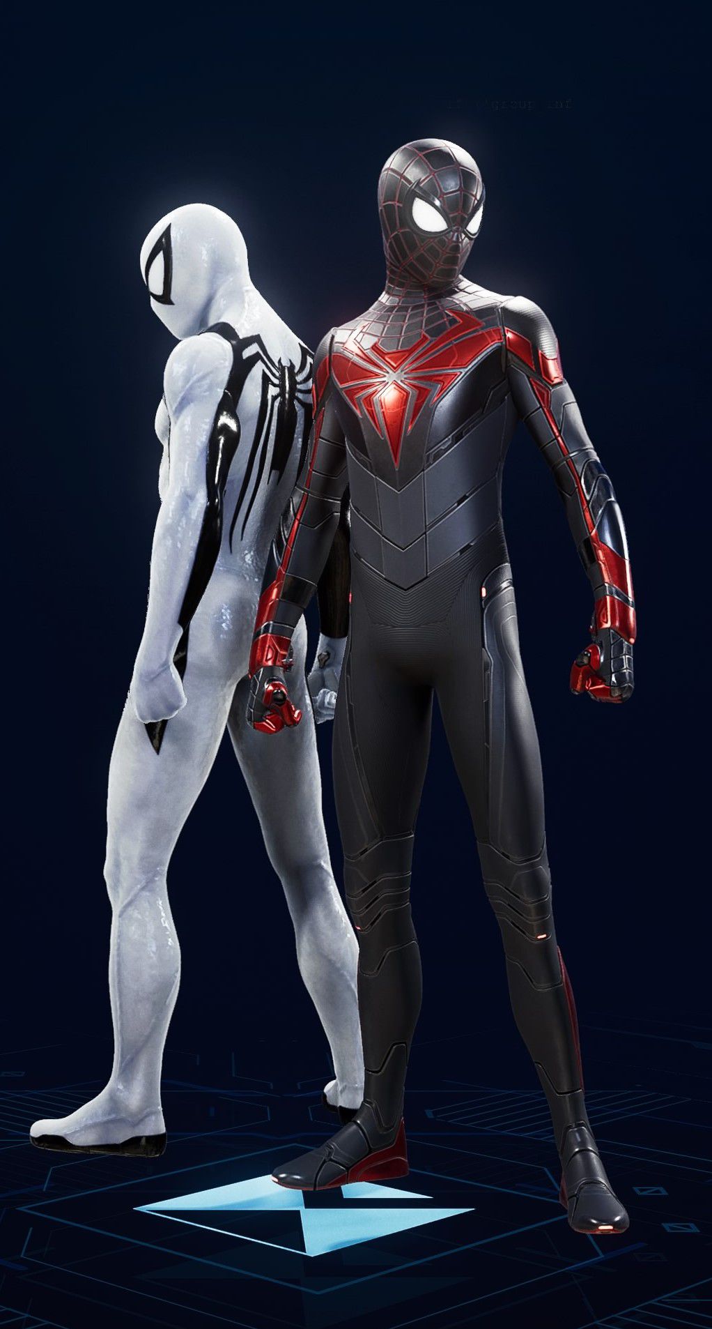 Miles Morales stands in his Advanced Tech Suit in the suit selection screen of Spider-Man 2.