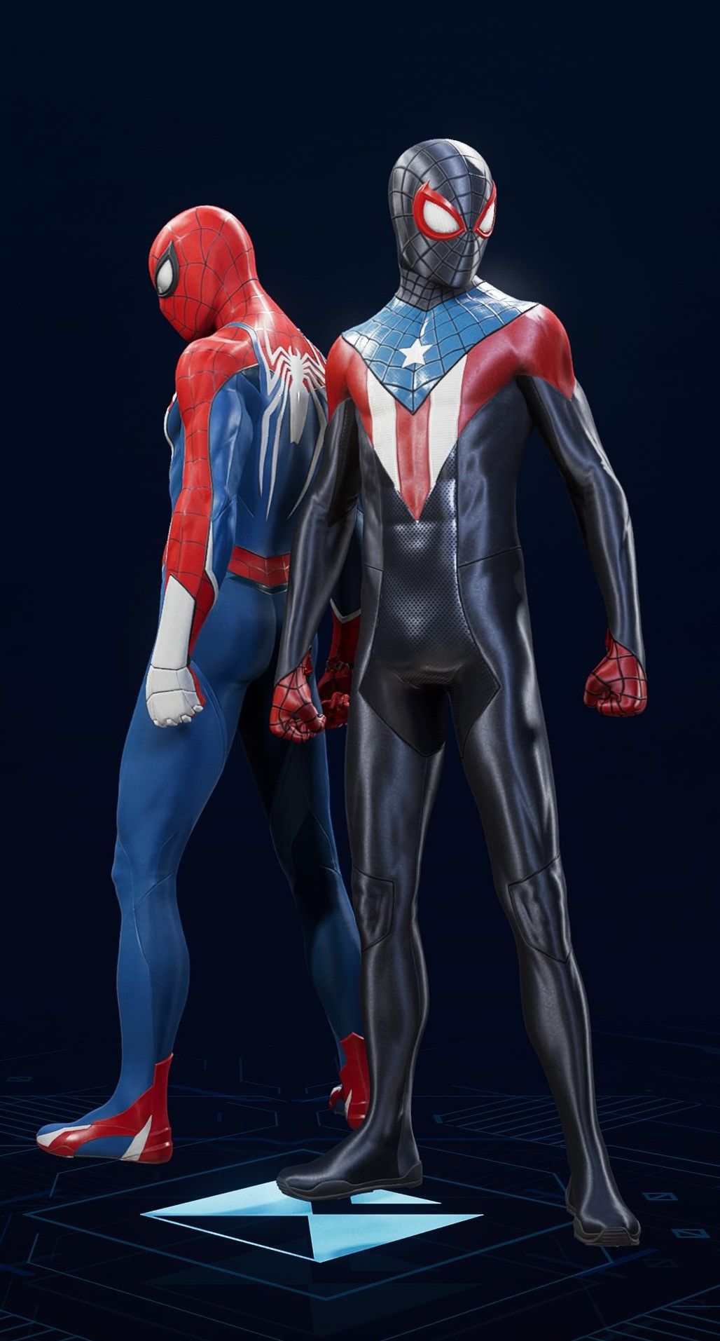 Miles Morales stands in his Boricua Suit in the suit selection screen of Spider-Man 2.