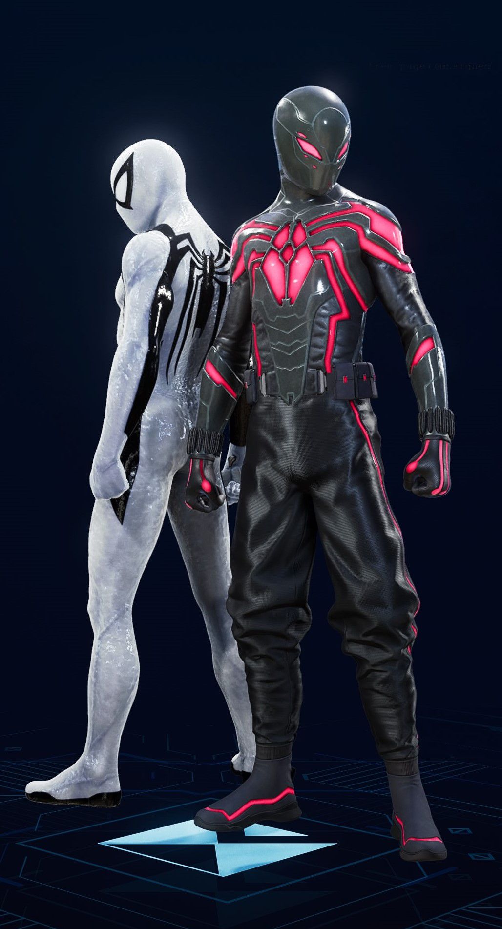Miles Morales stands in his Brooklyn 2099 Suit in the suit selection screen of Spider-Man 2.