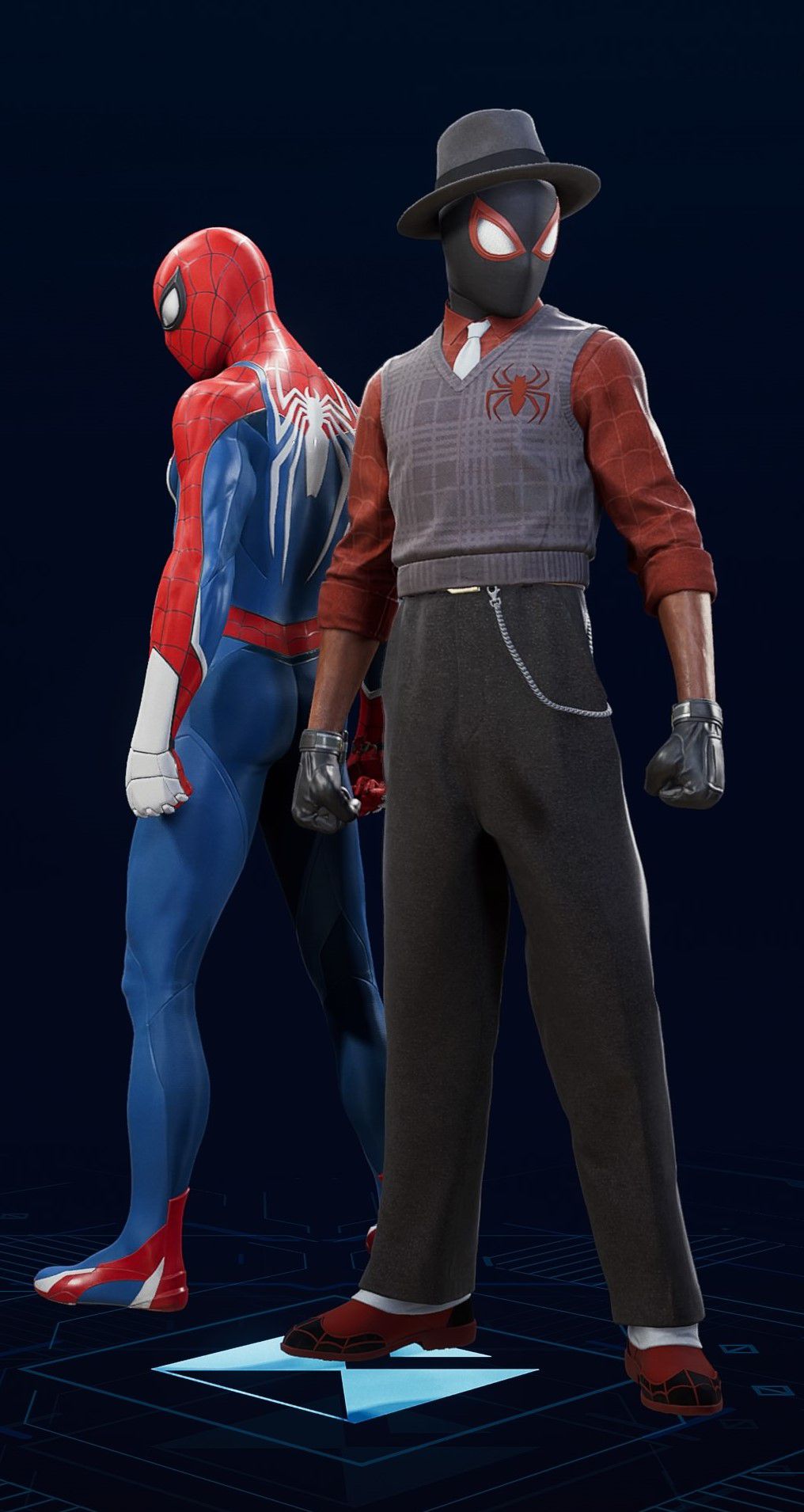 Miles Morales stands in his City Sounds Suit in the suit selection screen of Spider-Man 2.