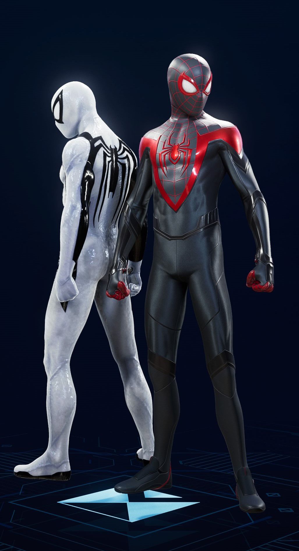 Miles Morales stands in his Classic Suit in the suit selection screen of Spider-Man 2.