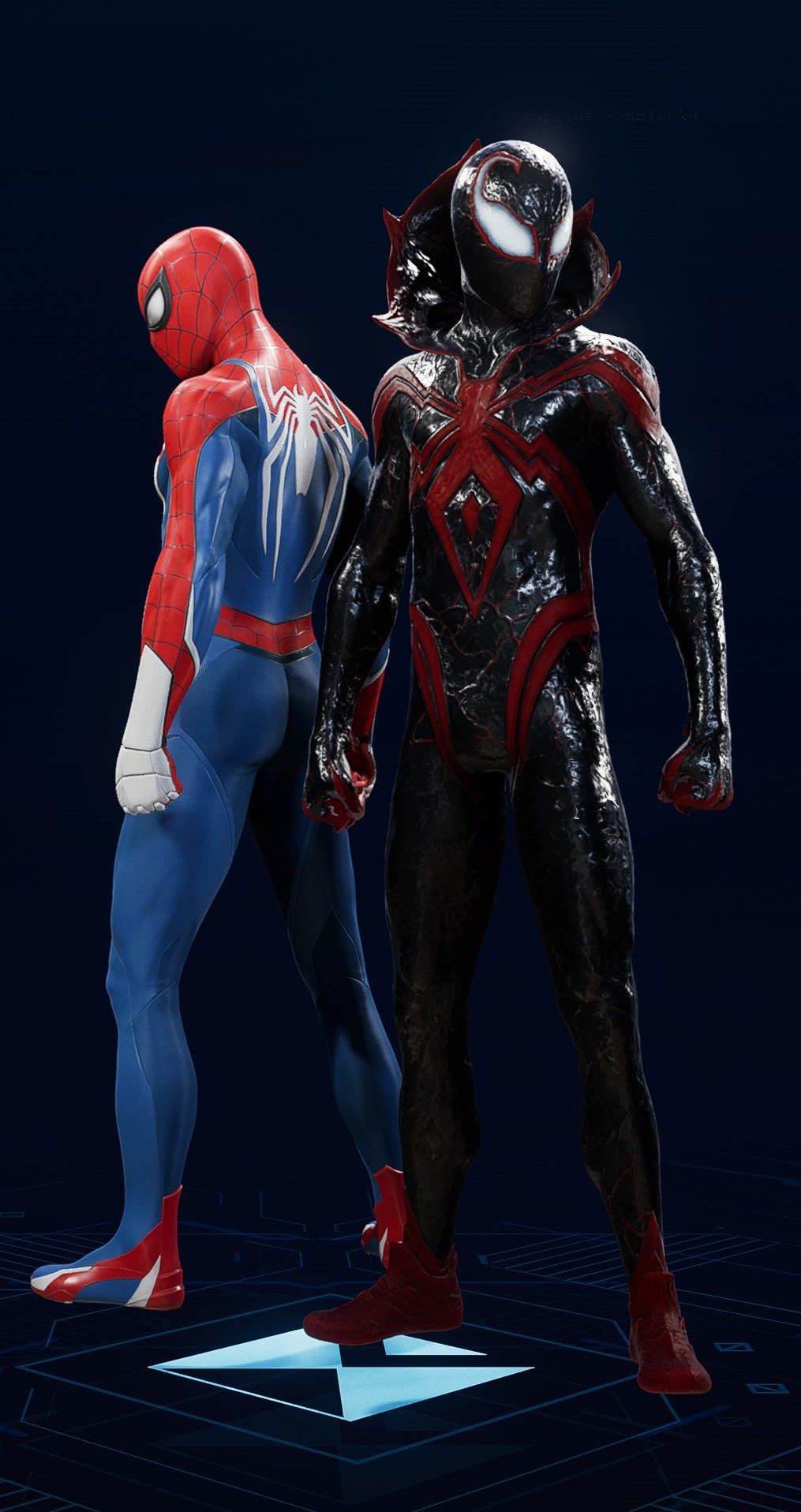 Miles Morales stands in his Dark Ages Suit in the suit selection screen of Spider-Man 2.