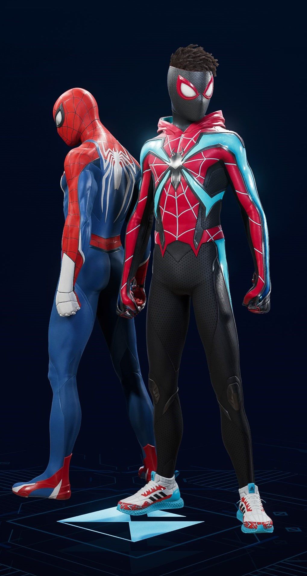 Miles Morales stands in his Evolved Suit in the suit selection screen of Spider-Man 2.