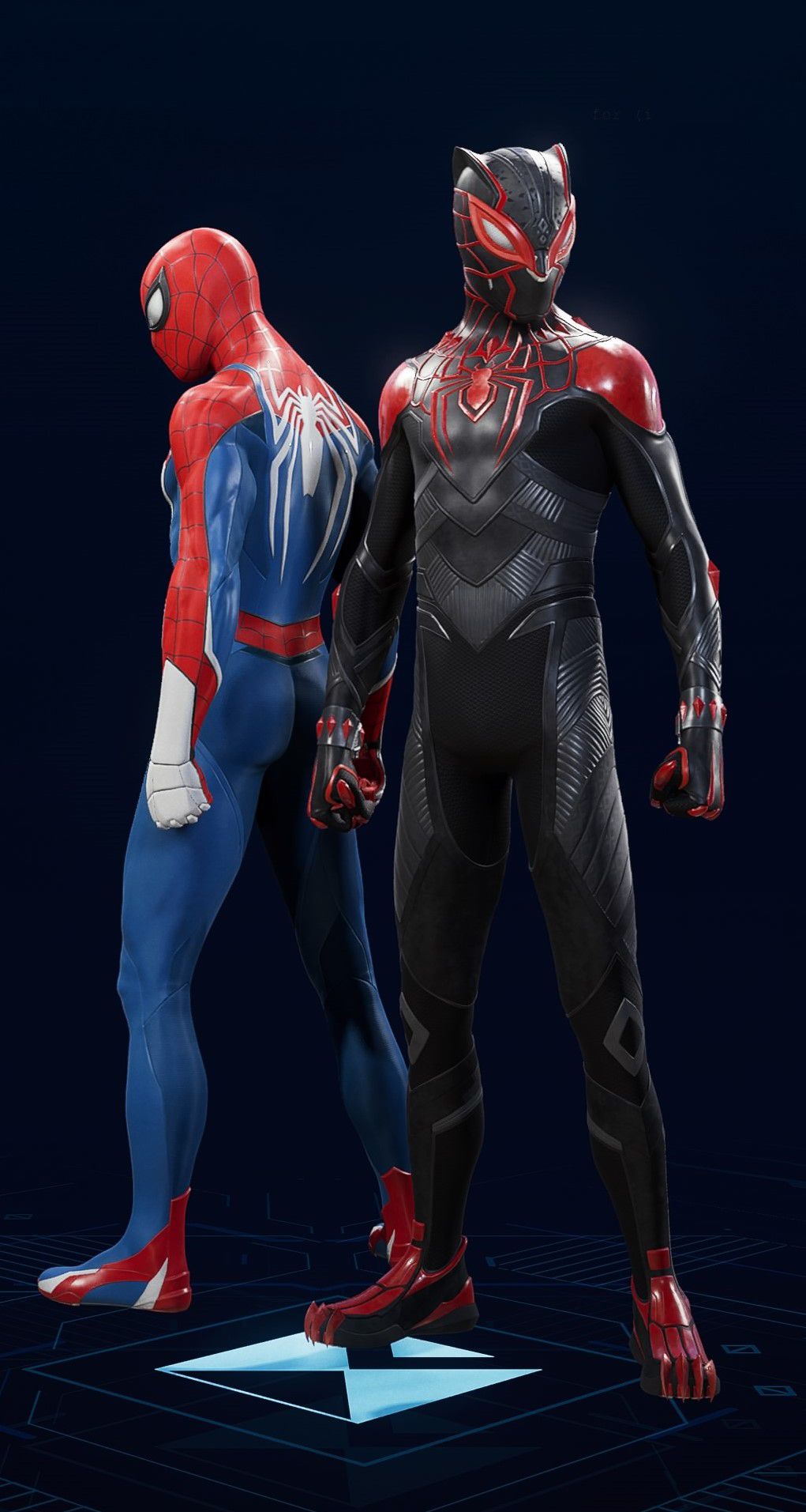 Miles Morales stands in his Forever Suit in the suit selection screen of Spider-Man 2.