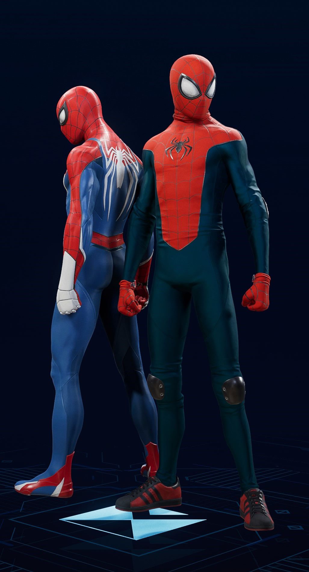 Miles Morales stands in his Great Responsibility Suit in the suit selection screen of Spider-Man 2.