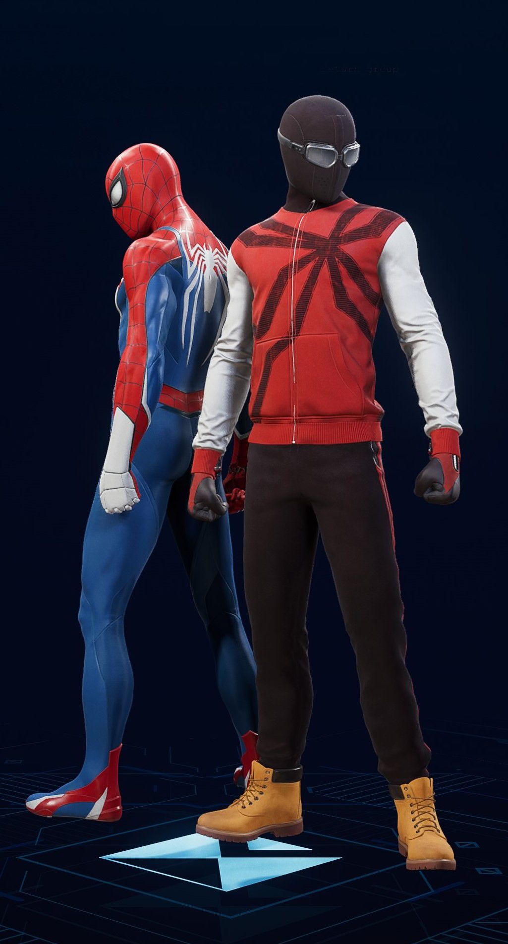 Miles Morales stands in his Homemade Suit in the suit selection screen of Spider-Man 2.