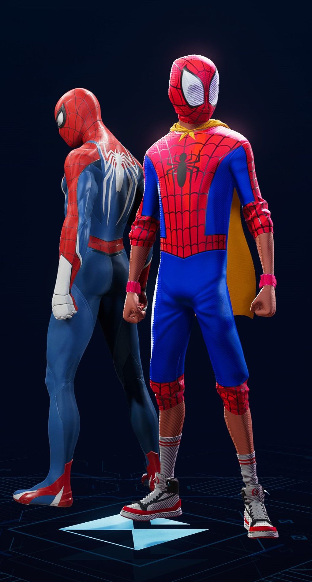 Miles Morales stands in his Into the Spider-Verse Spider-Boy Suit in the suit selection screen of Spider-Man 2.