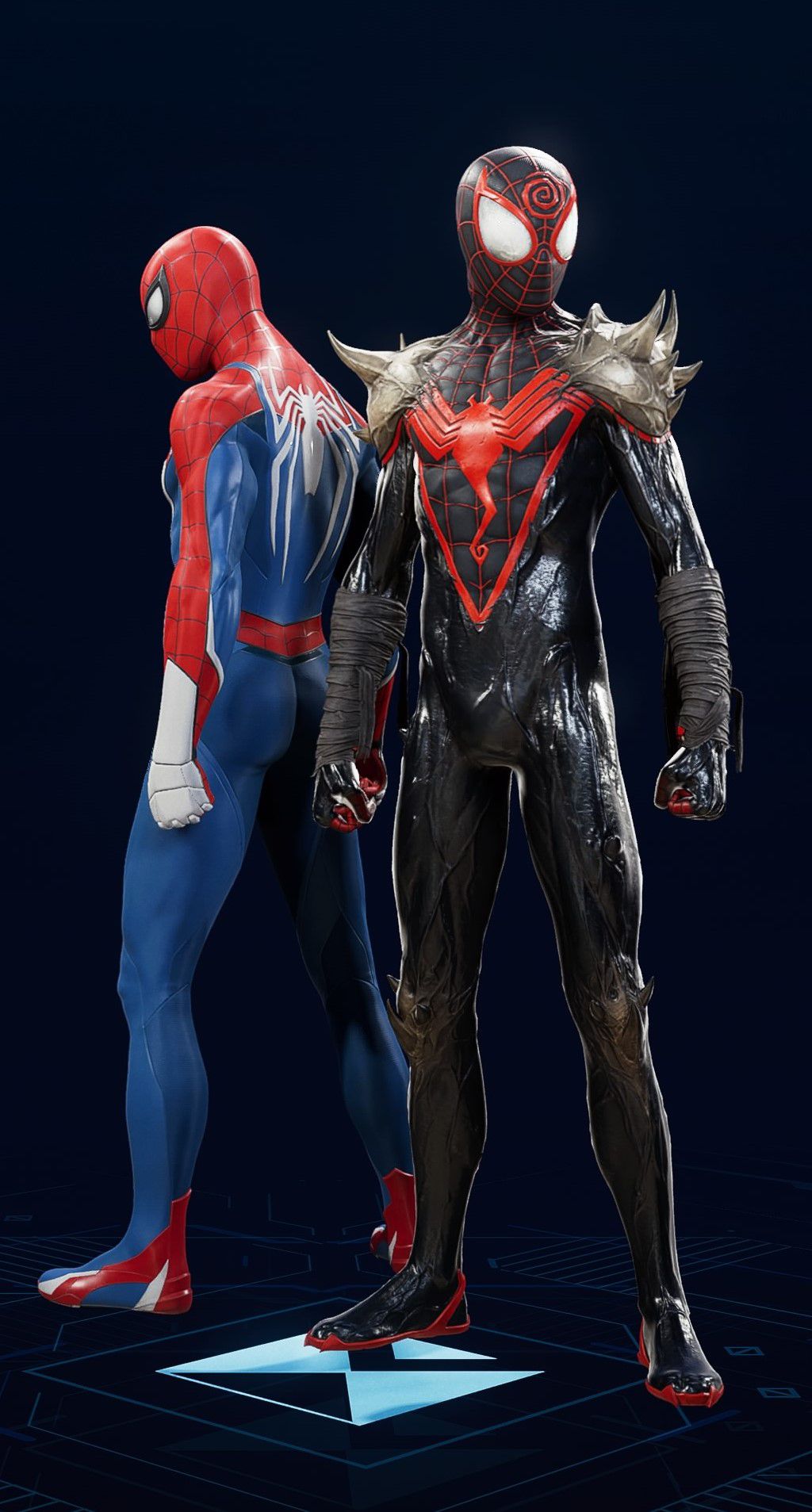 Miles Morales stands in his King in Black Suit in the suit selection screen of Spider-Man 2.