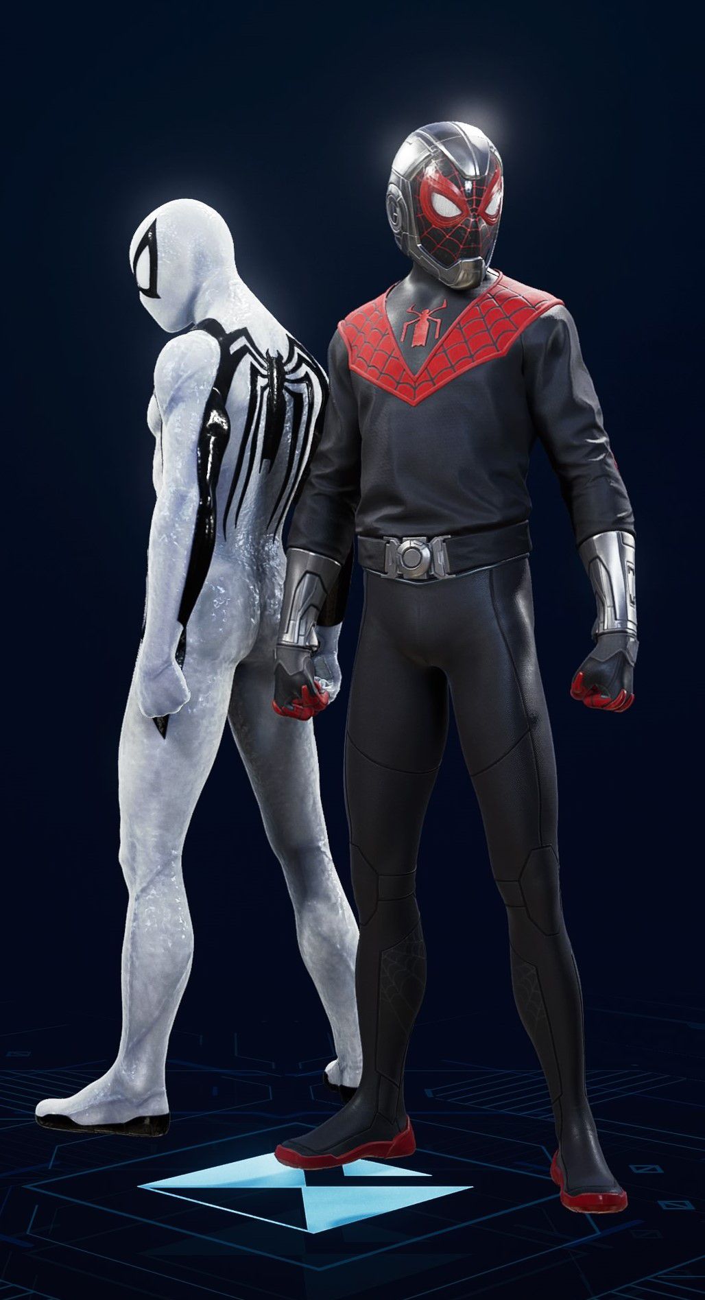 Miles Morales stands in his Life Story Suit in the suit selection screen of Spider-Man 2.