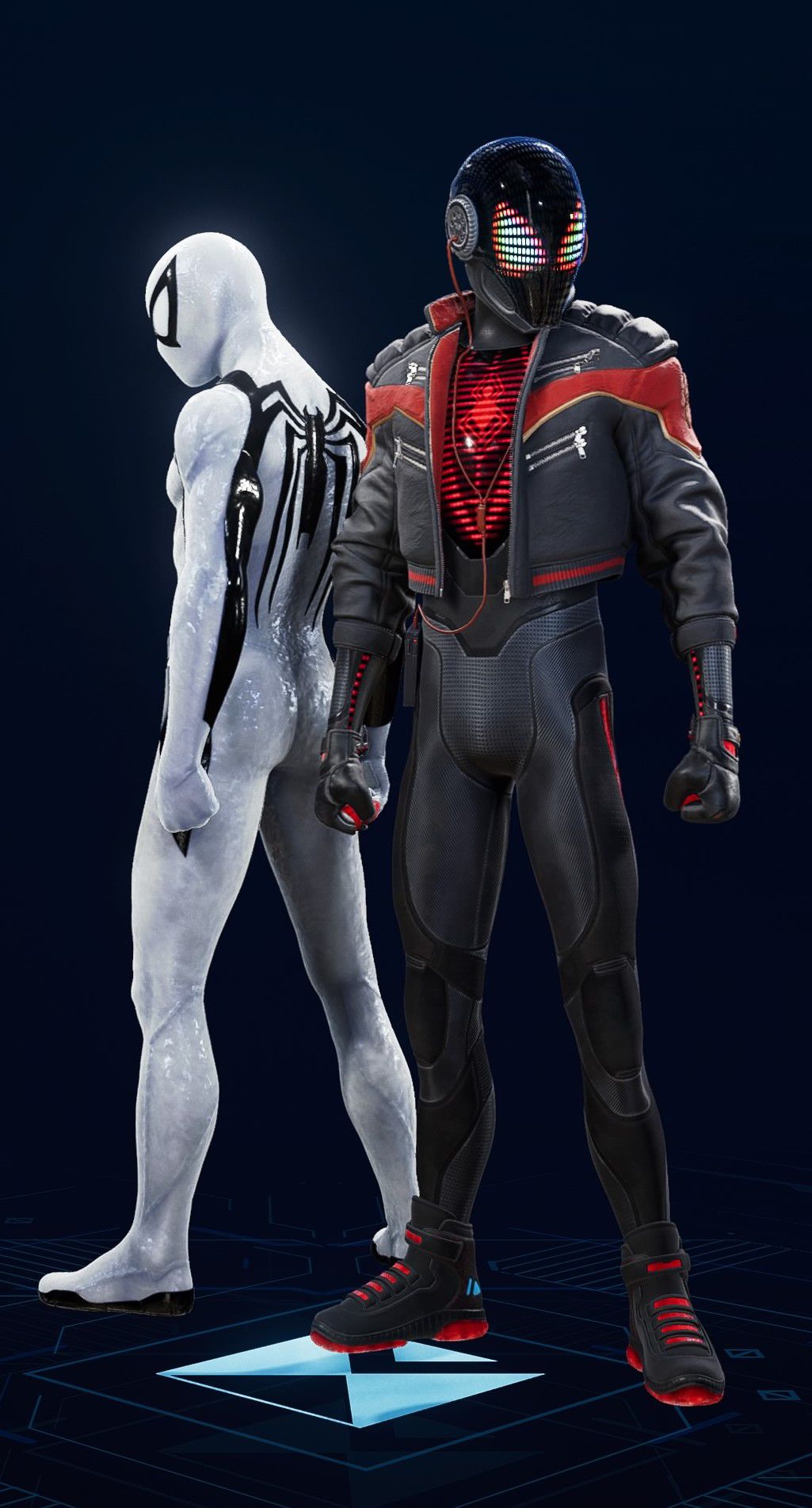 Miles Morales stands in his Miles Morales 2020 Suit in the suit selection screen of Spider-Man 2.