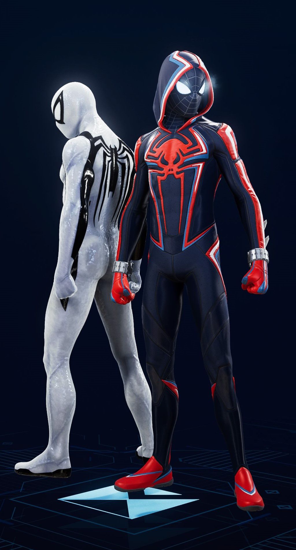 Miles Morales stands in his Miles Morales 2099 Suit in the suit selection screen of Spider-Man 2.