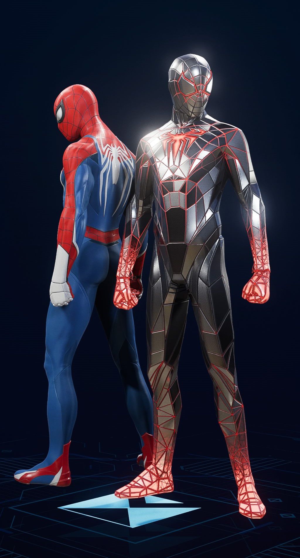 Miles Morales stands in his Programmable Matter Suit in the suit selection screen of Spider-Man 2.
