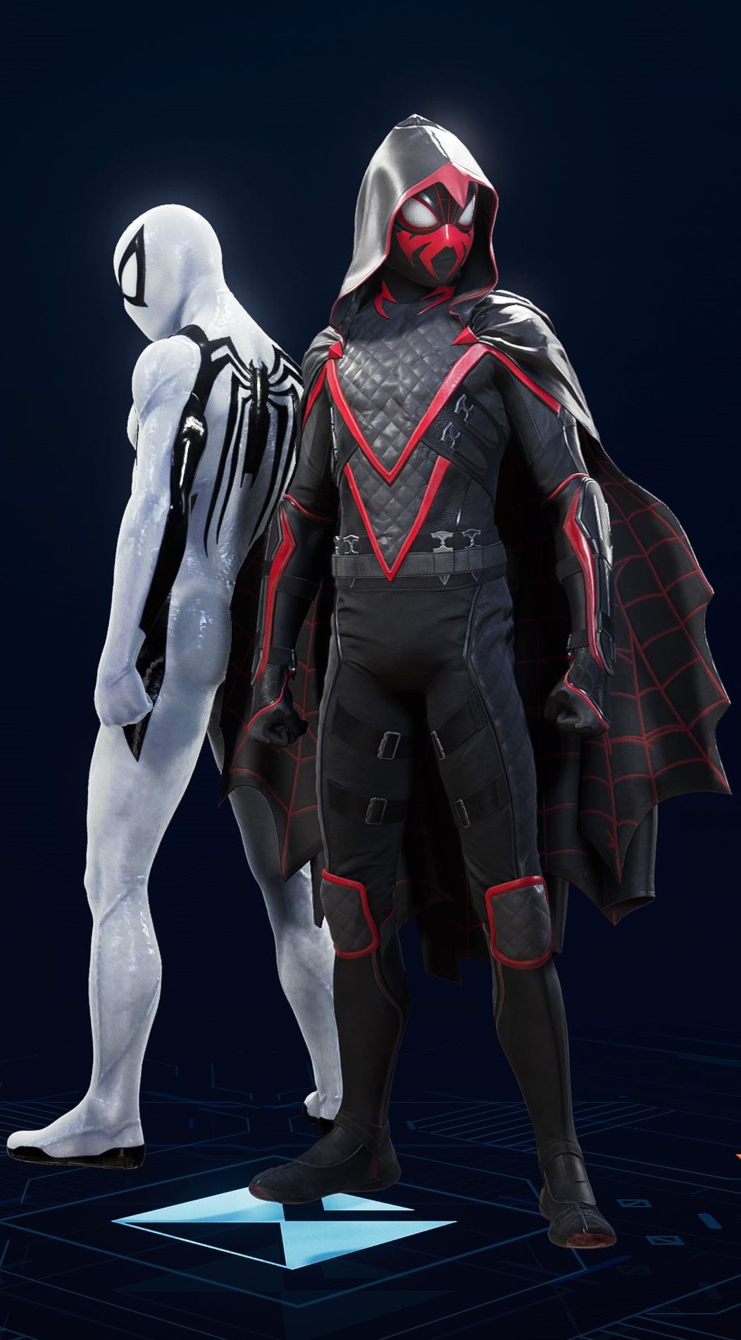 Miles Morales stands in his Shadow-Spider Suit in the suit selection screen of Spider-Man 2.