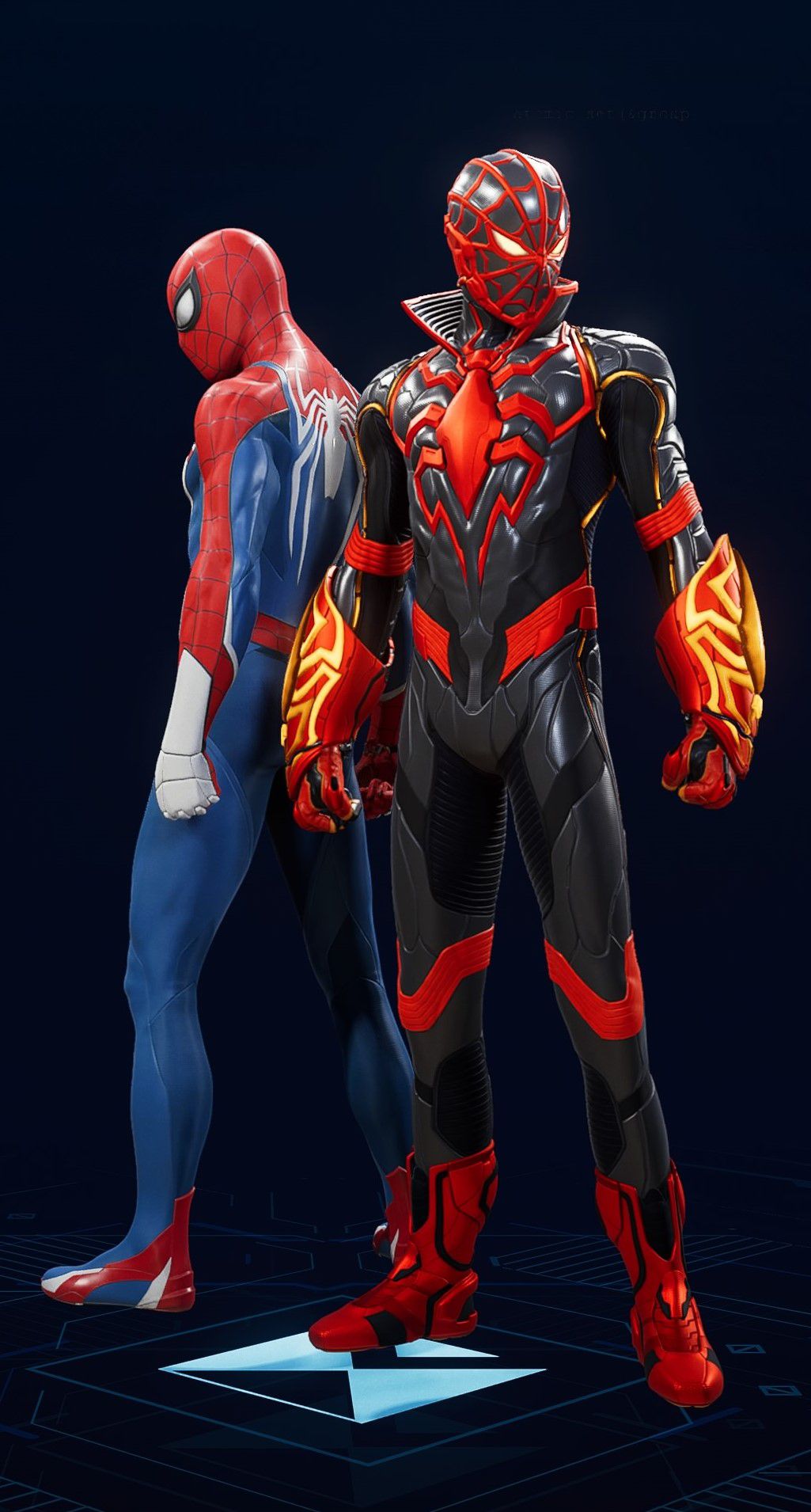 Miles Morales stands in his STRIKE Suit in the suit selection screen of Spider-Man 2.