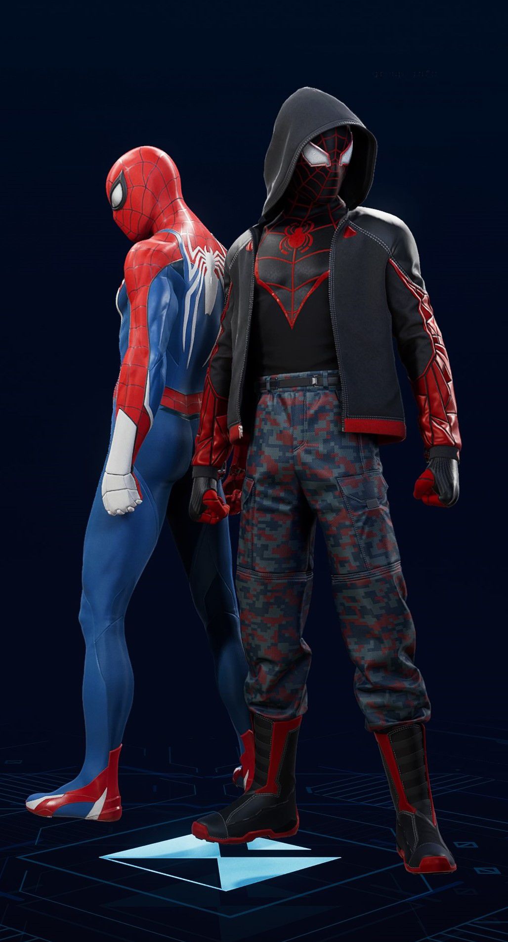 Miles Morales stands in his The End Suit in the suit selection screen of Spider-Man 2.