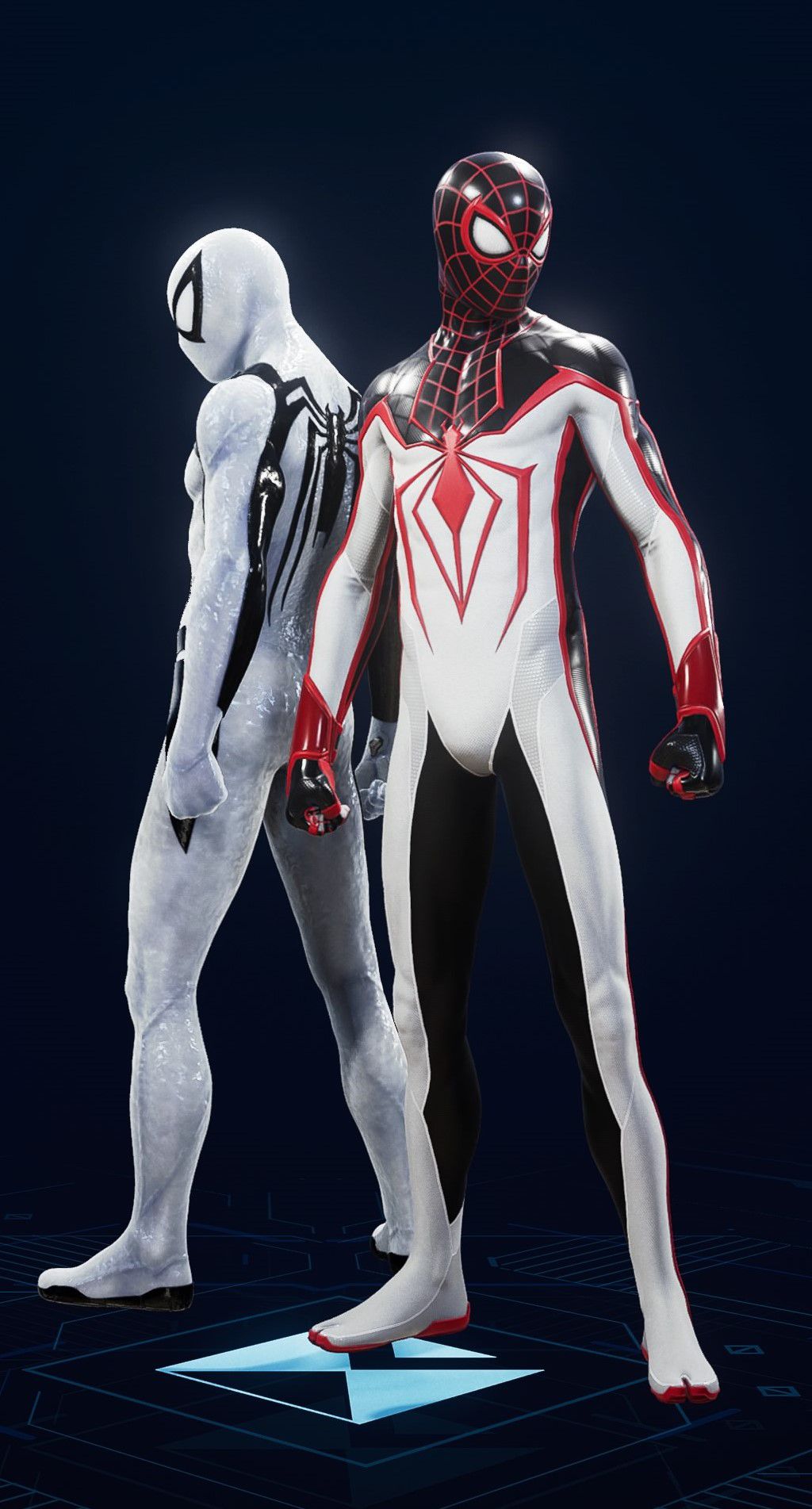 Miles Morales stands in his TRACK Suit in the suit selection screen of Spider-Man 2.