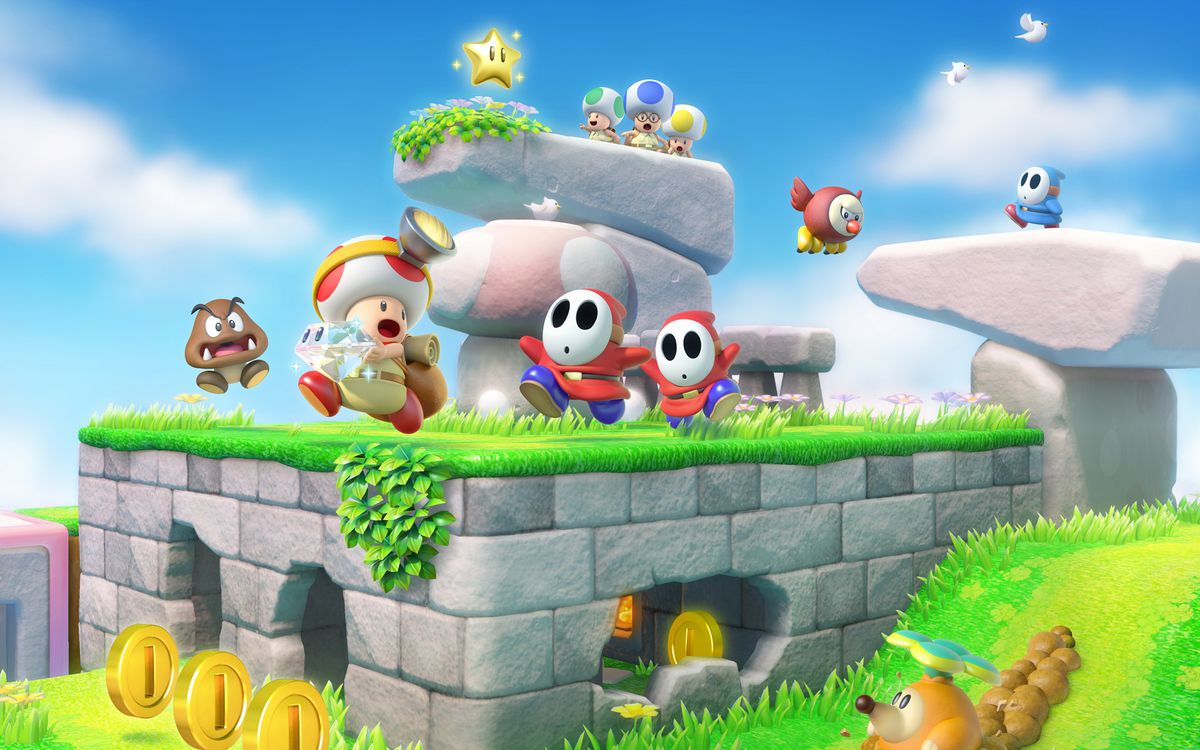 Artwork from Captain Toad: Treasure Tracker featuring Toad being chased by shy guys and a goomba.