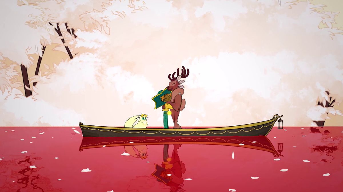 A deer-looking character hugging a human with a white cat nearby, on a small boat.