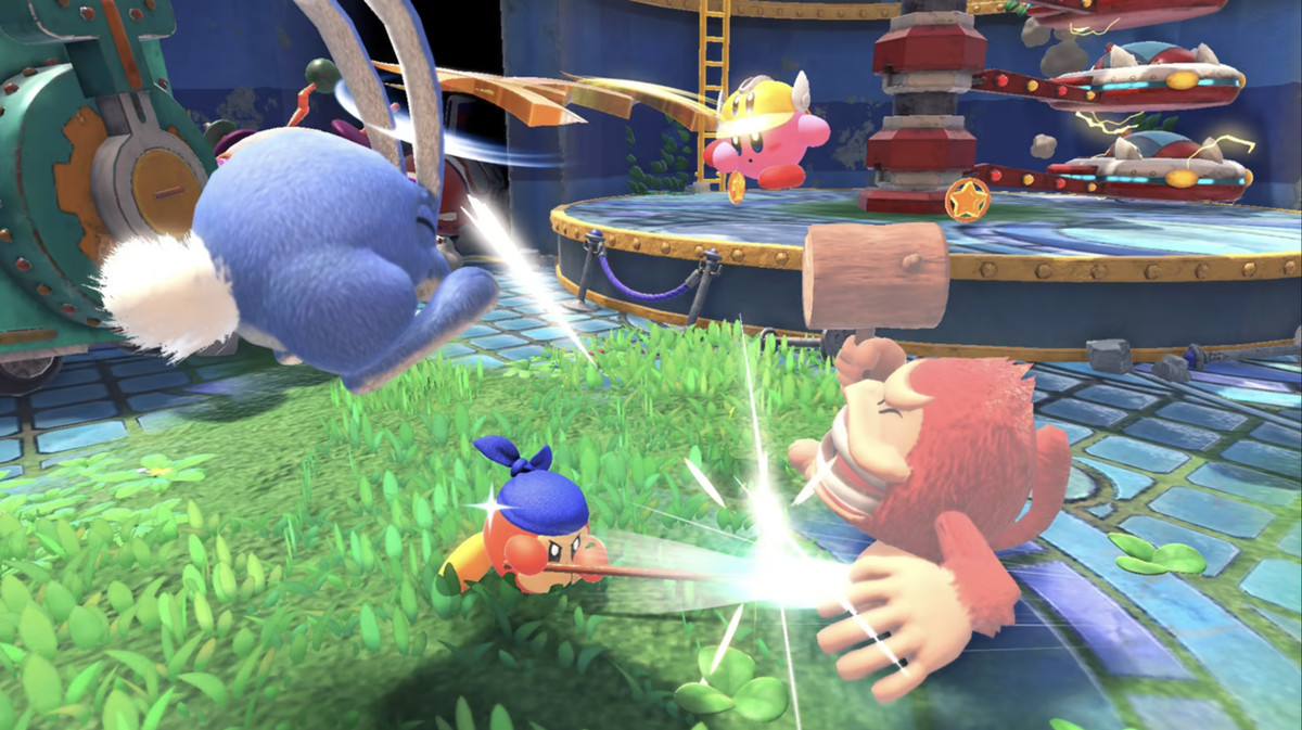 Kirby and Waddledee are fighting a large furry critter with an enormous hammer.