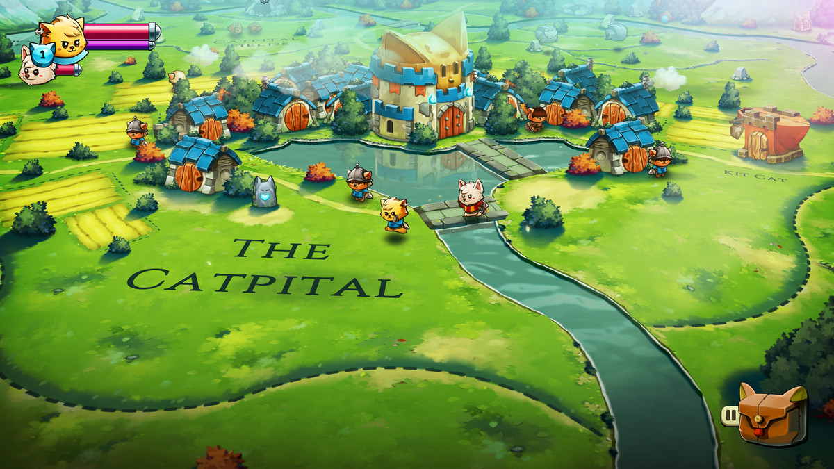 A colorful illustrative overworld map. A cute little armor-wearing cat and dog run across an area called The Catpital.