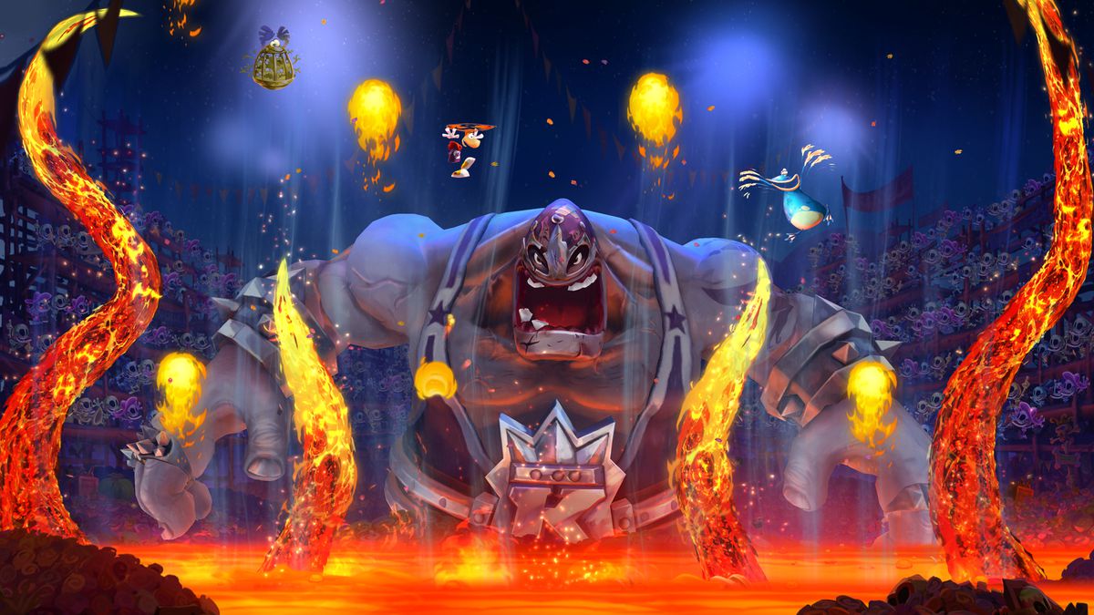 Rayman Legends characters face down Fiesta Boss, which looks like a large luchador. 