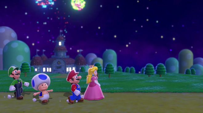 Luigi, Toad, Mario, and Peach walk together in Super Mario 3D World.