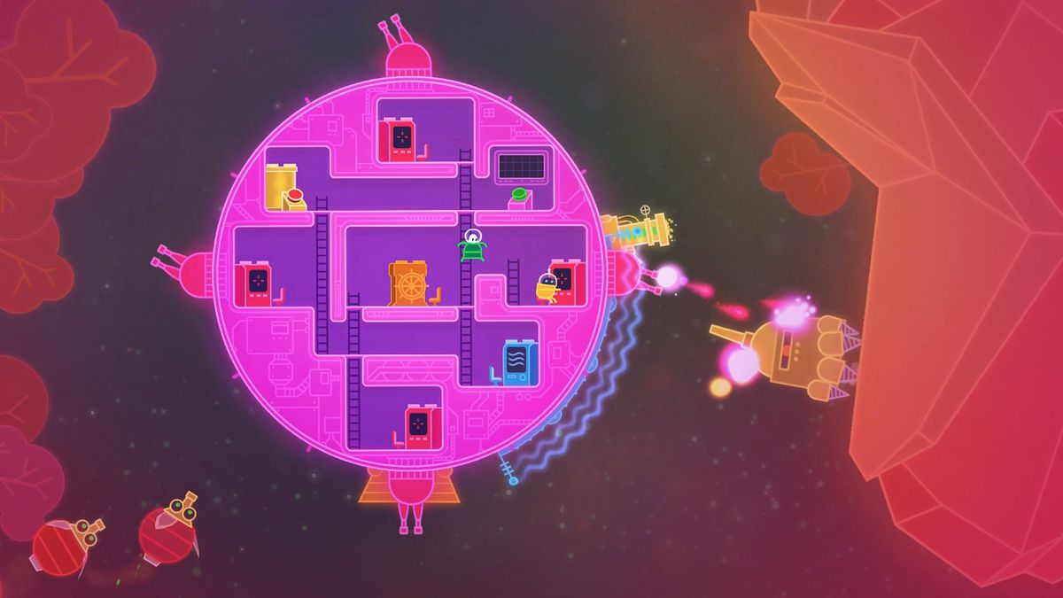 A screenshot from Lovers in a Dangerous Spacetime. A space pod with players inside move through red caves.