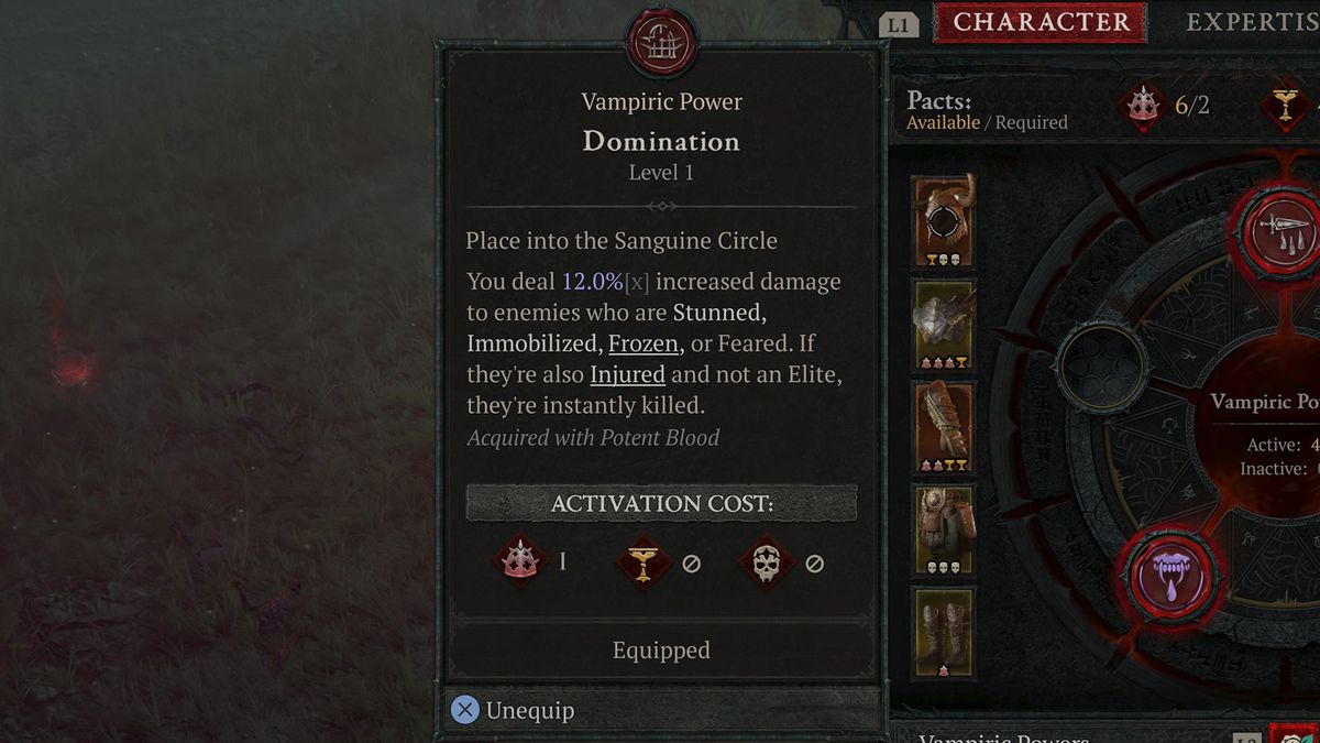 A menu shows details for the Domination Pact in Diablo 4 season 2 Vampiric Powers.